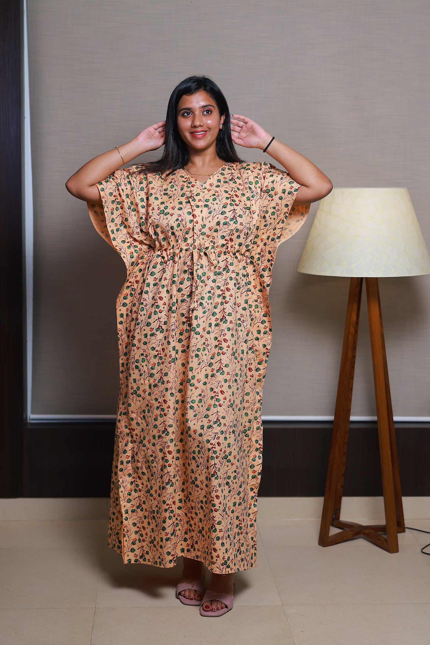 Orange With Green Flower casual cotton kaftan with center zip