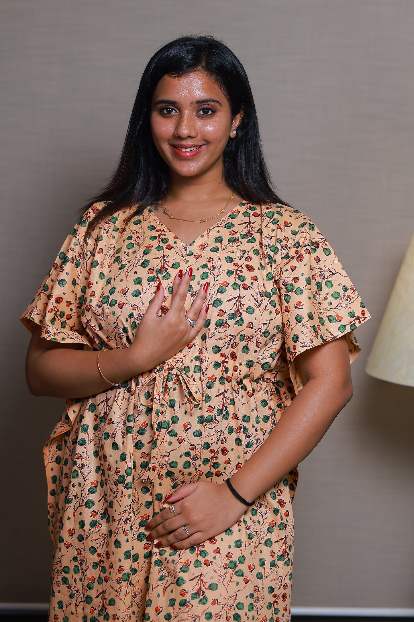 Orange With Green Flower casual cotton kaftan with center zip