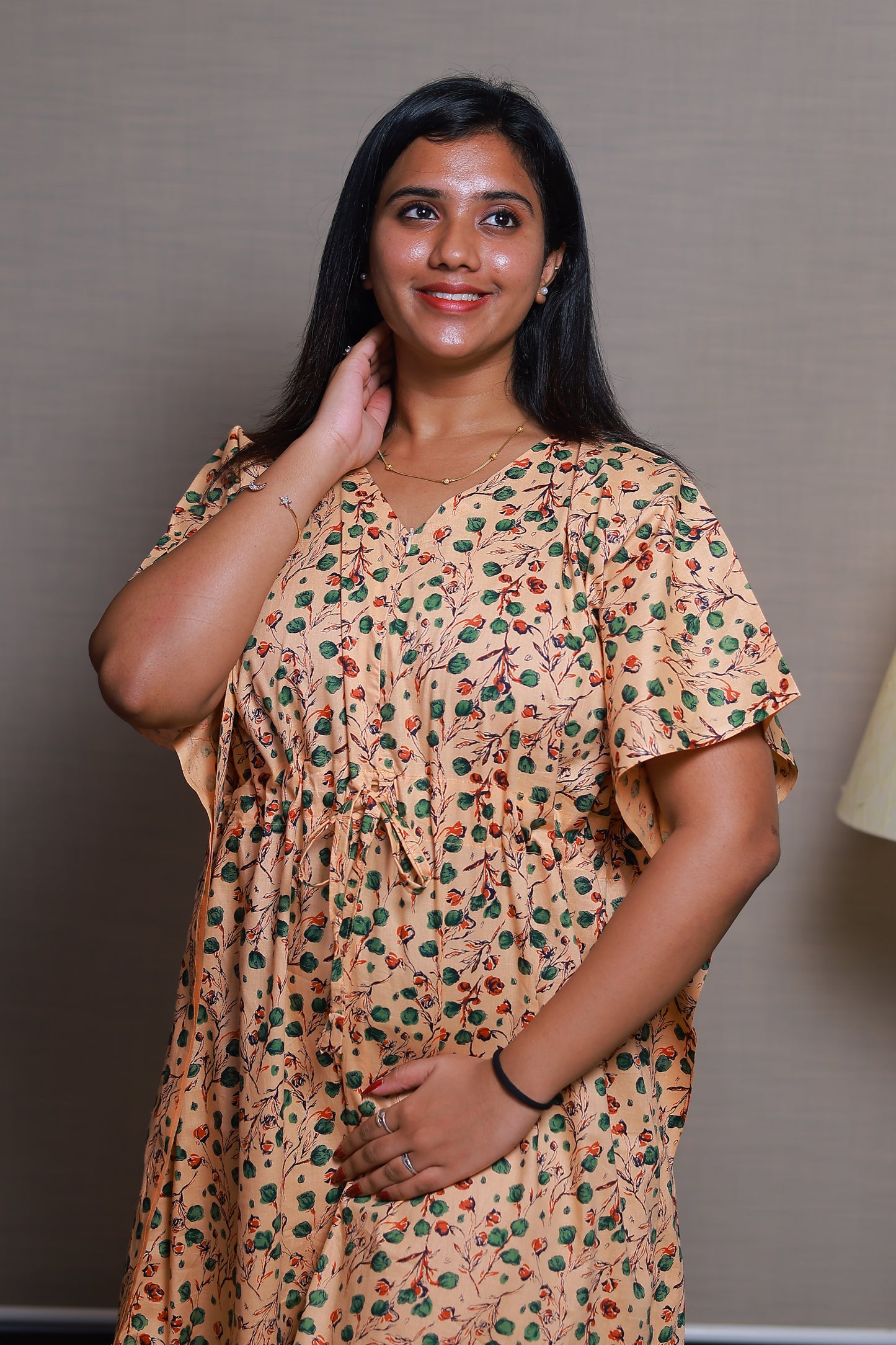 Orange With Green Flower casual cotton kaftan with center zip