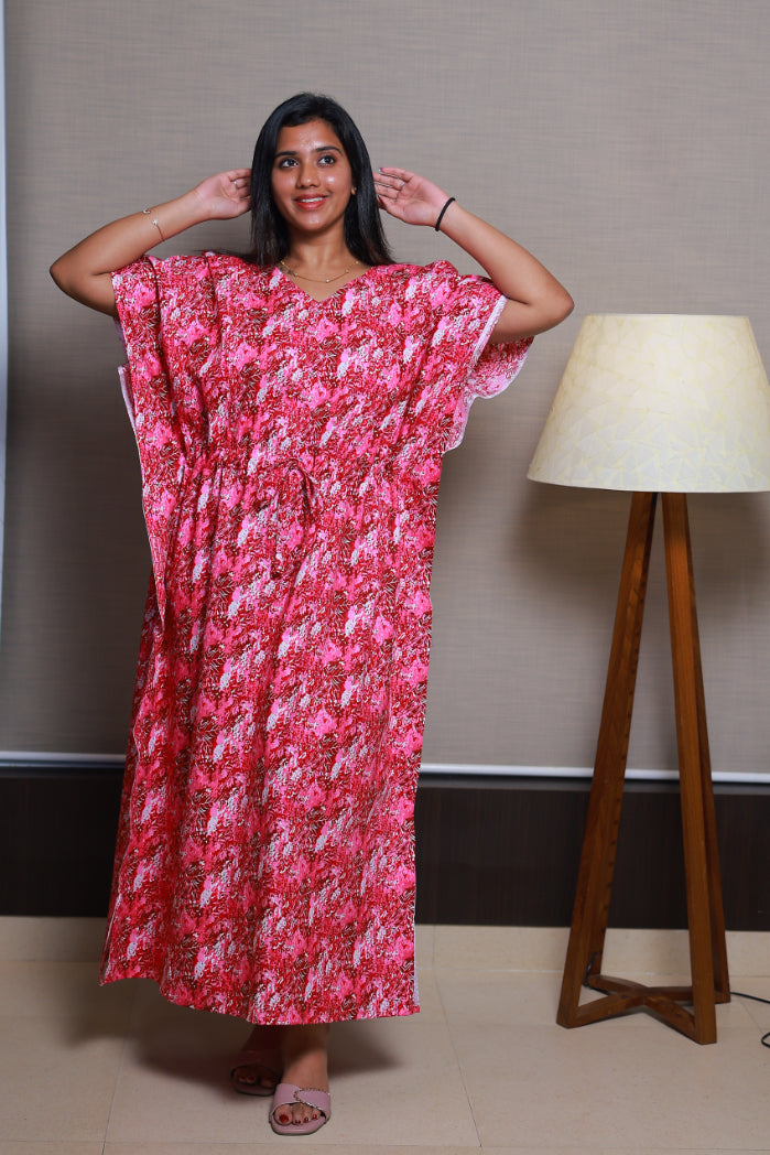 Pink With White Flower Design kaftan Side zip
