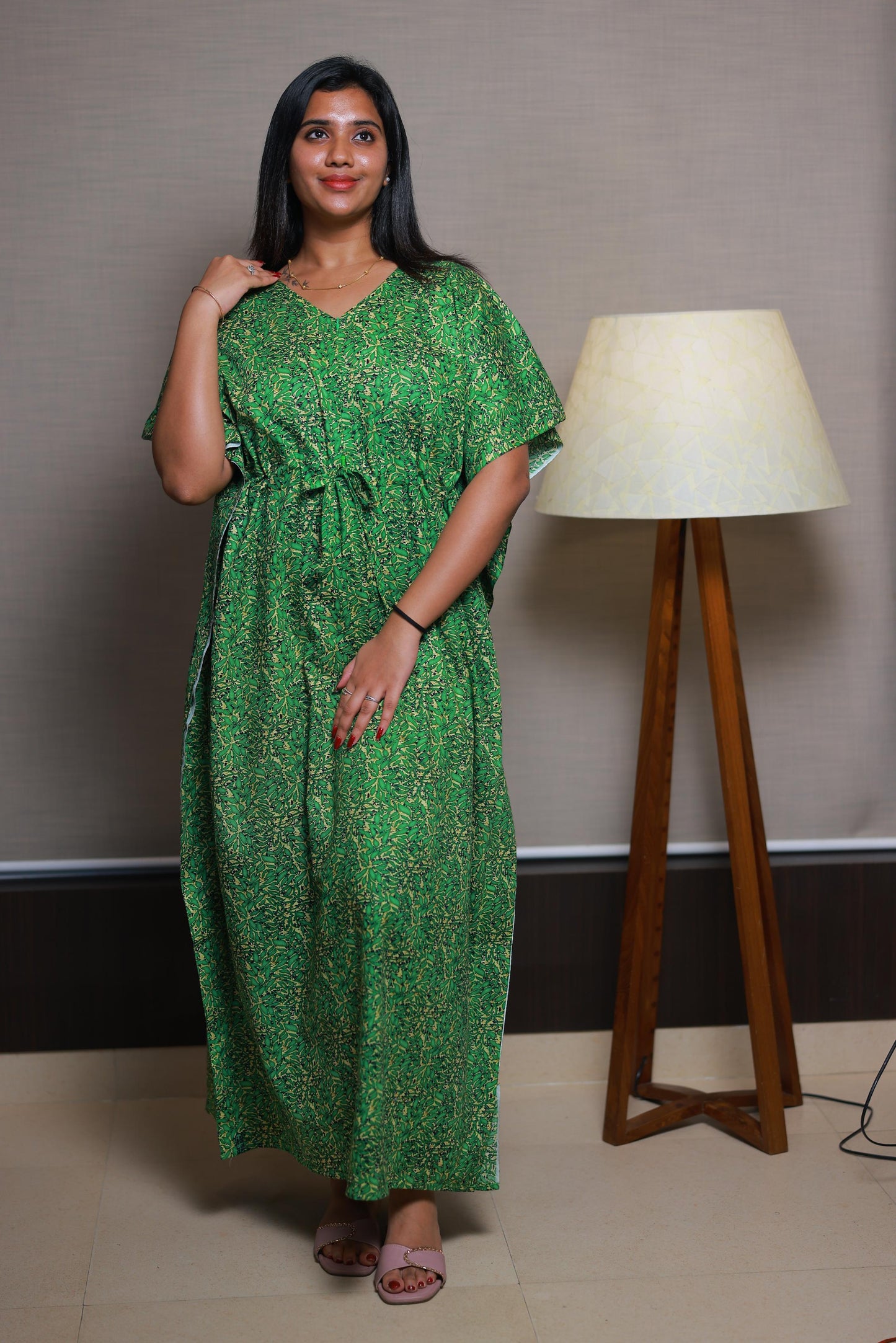 Dark Green With Yellow casual cotton kaftan with center zip