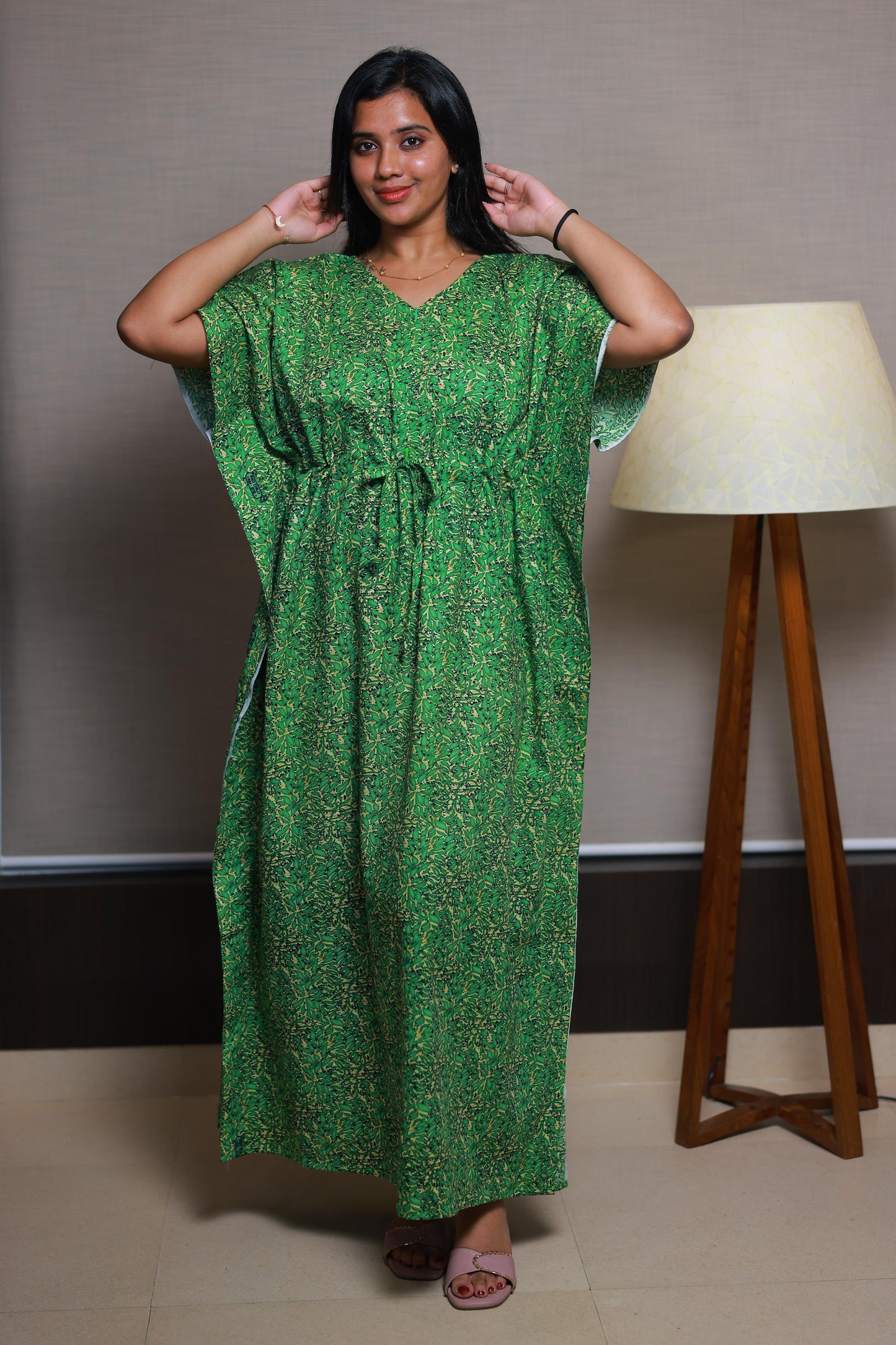 Dark Green With Yellow casual cotton kaftan with center zip