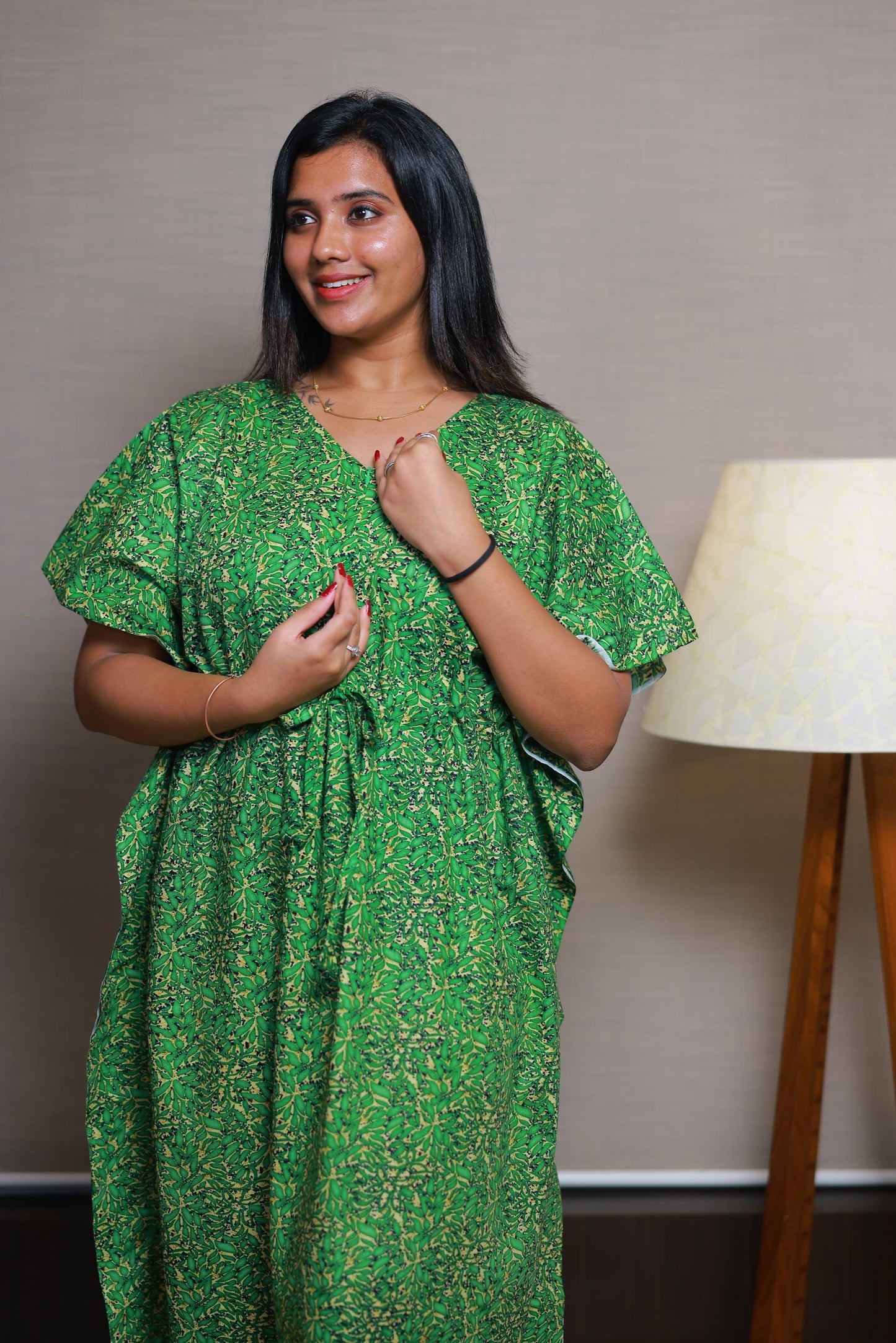 Dark Green With Yellow casual cotton kaftan with center zip