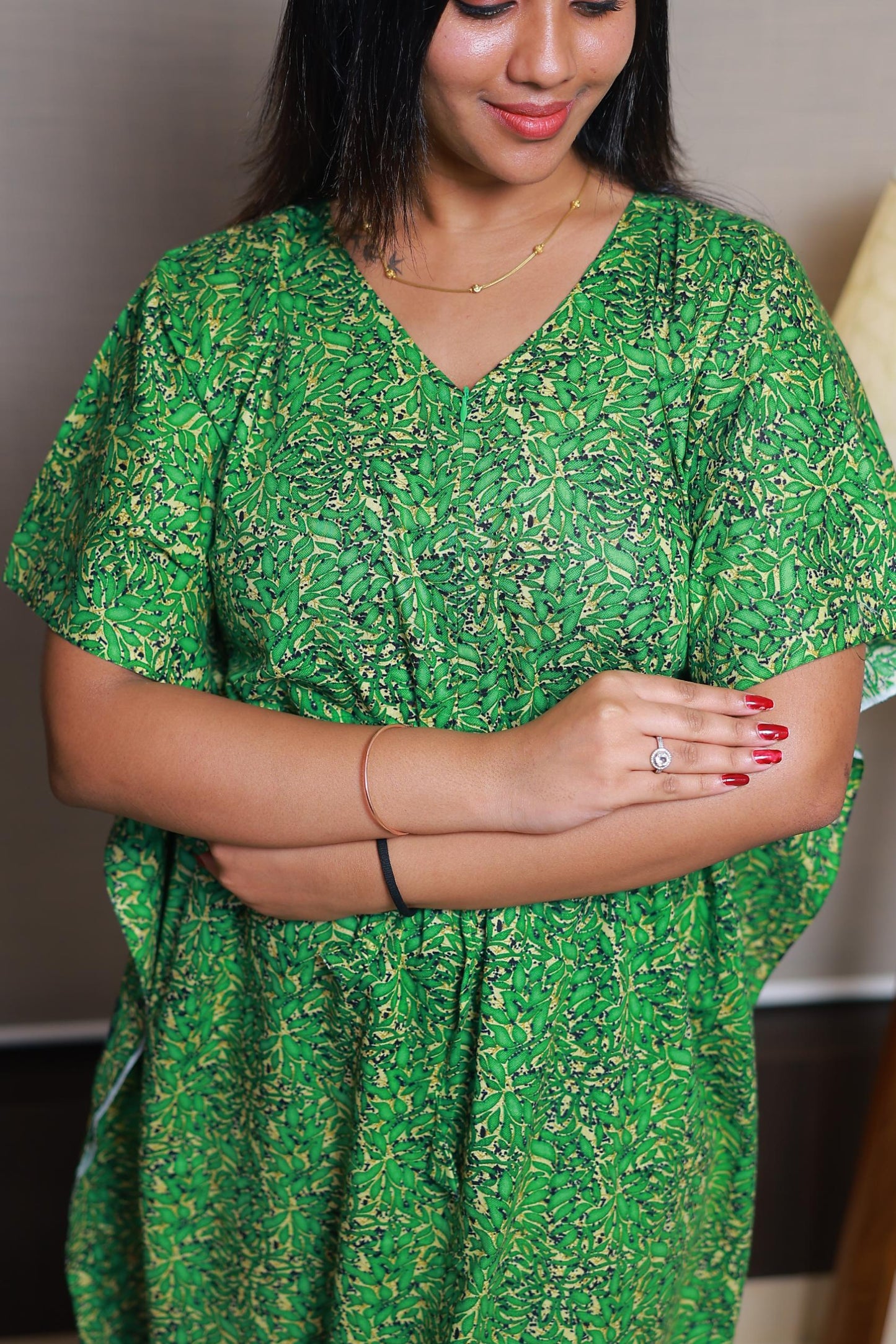 Dark Green With Yellow casual cotton kaftan with center zip