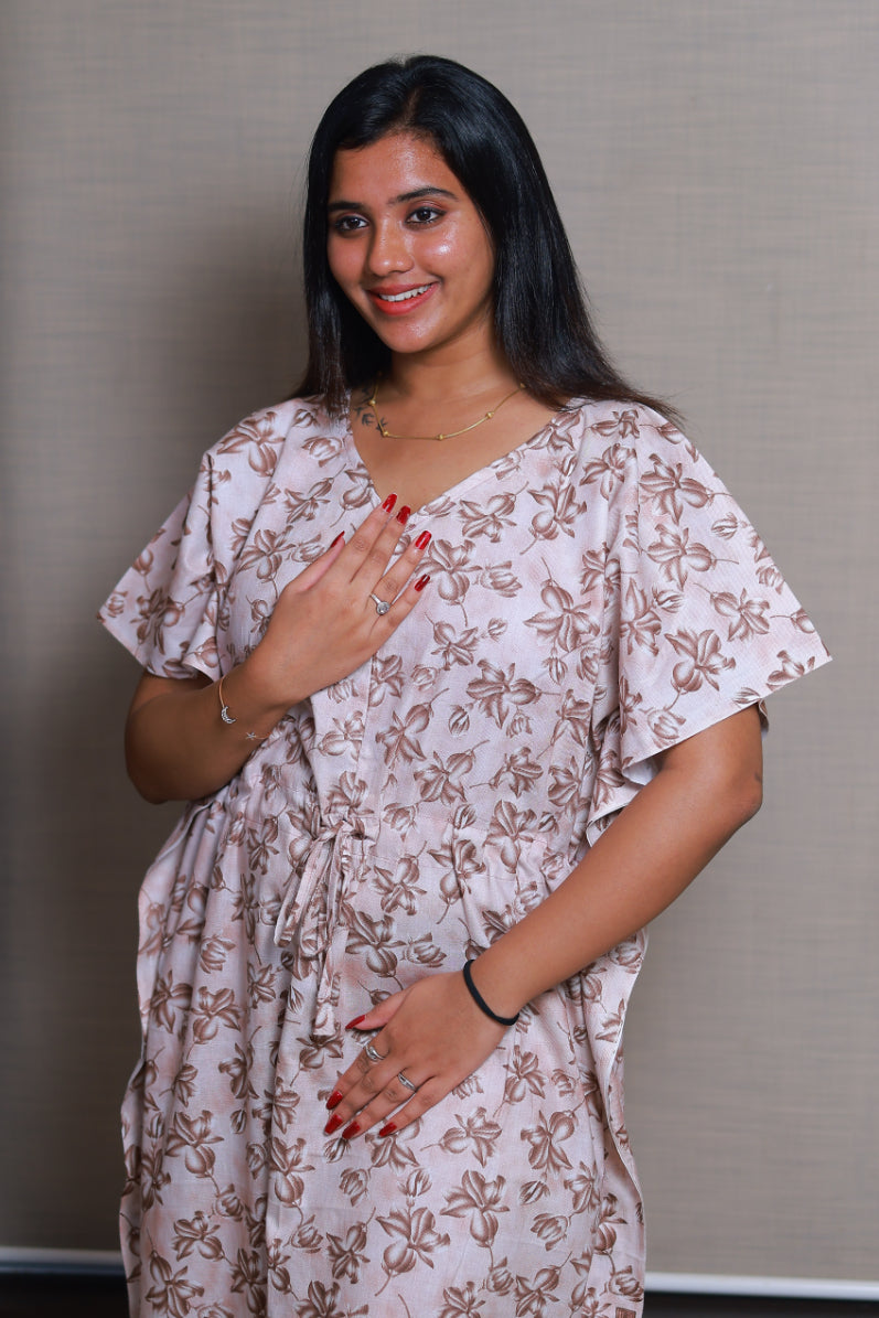 Light Peach With Gray Flower casual cotton kaftan with center zip