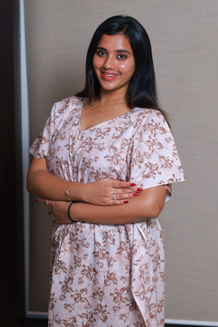 Light Peach With Gray Flower casual cotton kaftan with center zip