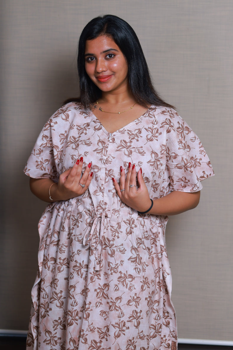 Light Peach With Gray Flower casual cotton kaftan with center zip