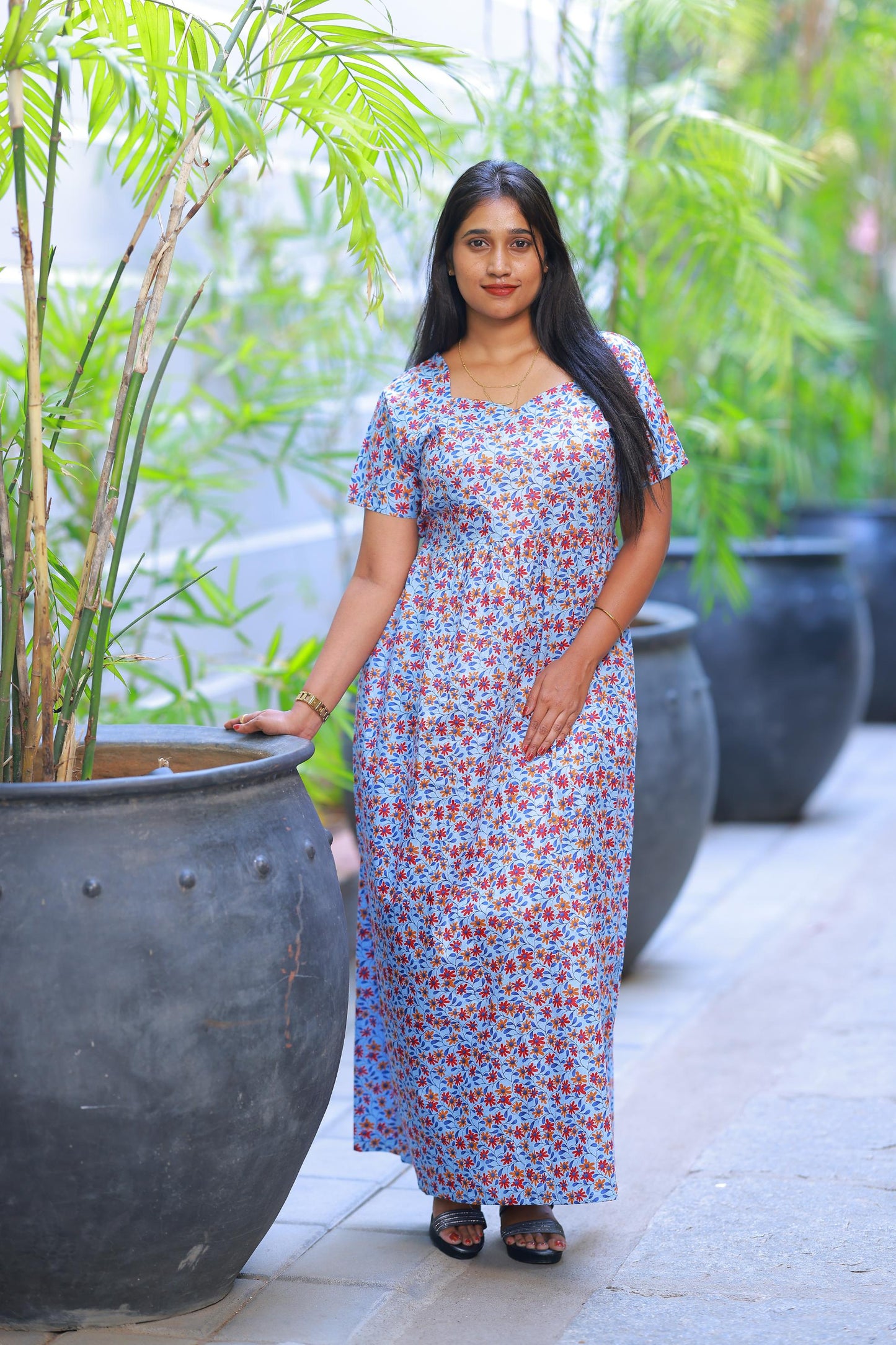 Light Blue With Flower Painting Digital print Without zip Frock