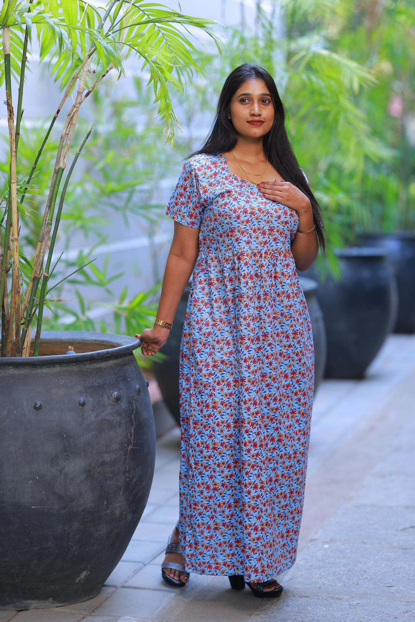 Light Blue With Flower Painting Digital print Without zip Frock