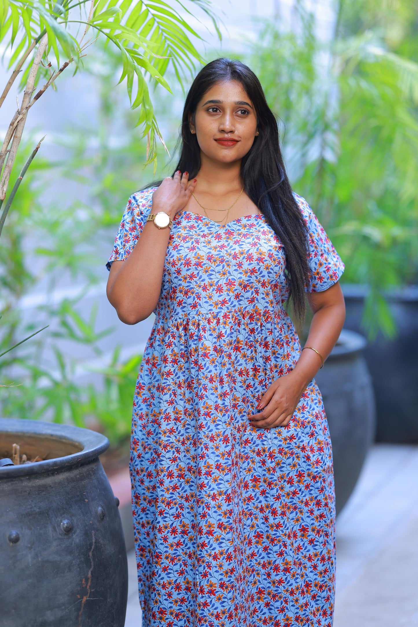 Light Blue With Flower Painting Digital print Without zip Frock