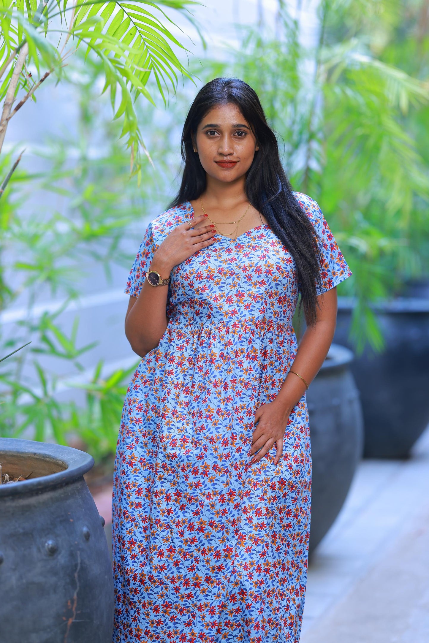 Light Blue With Flower Painting Digital print Without zip Frock