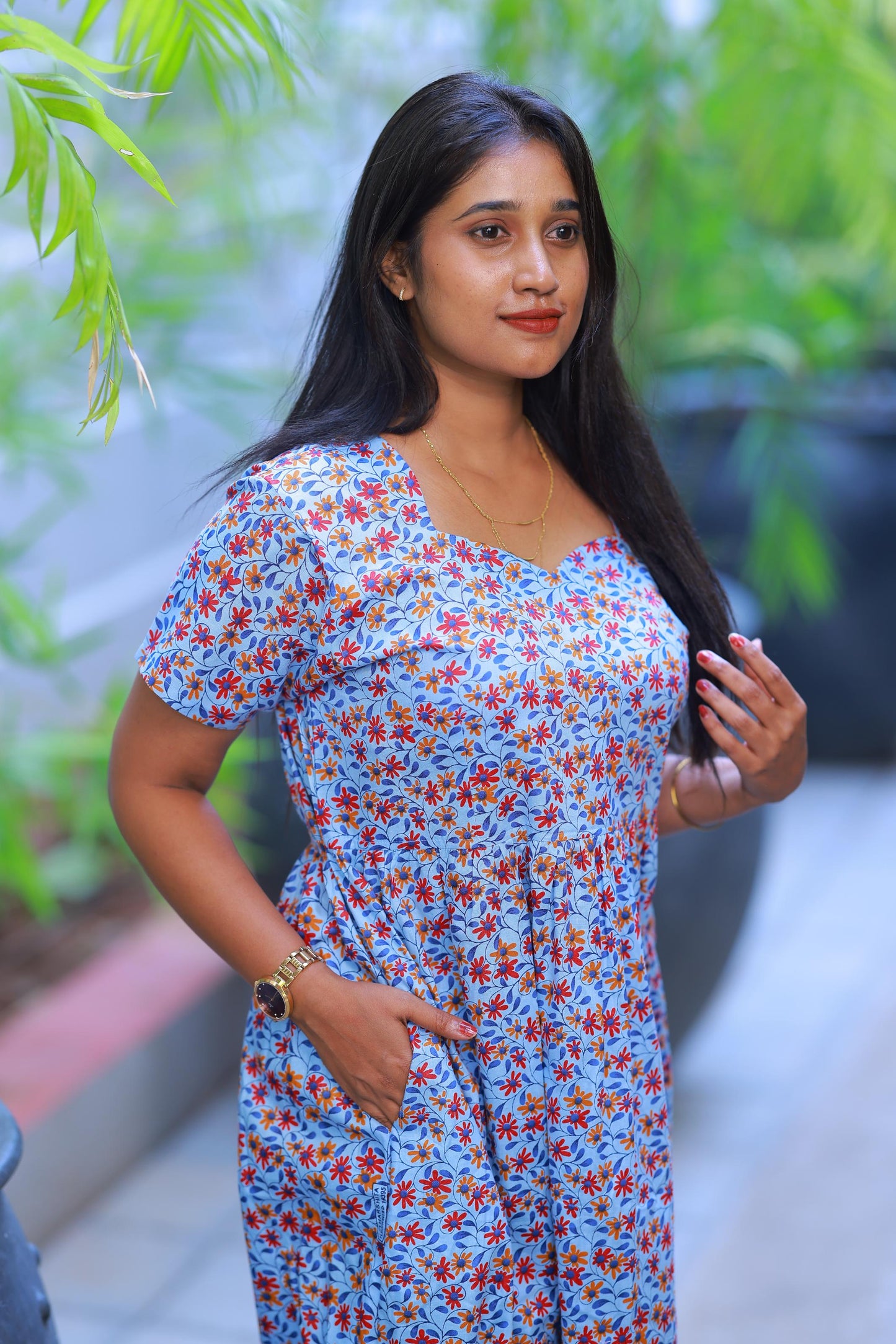 Light Blue With Flower Painting Digital print Without zip Frock