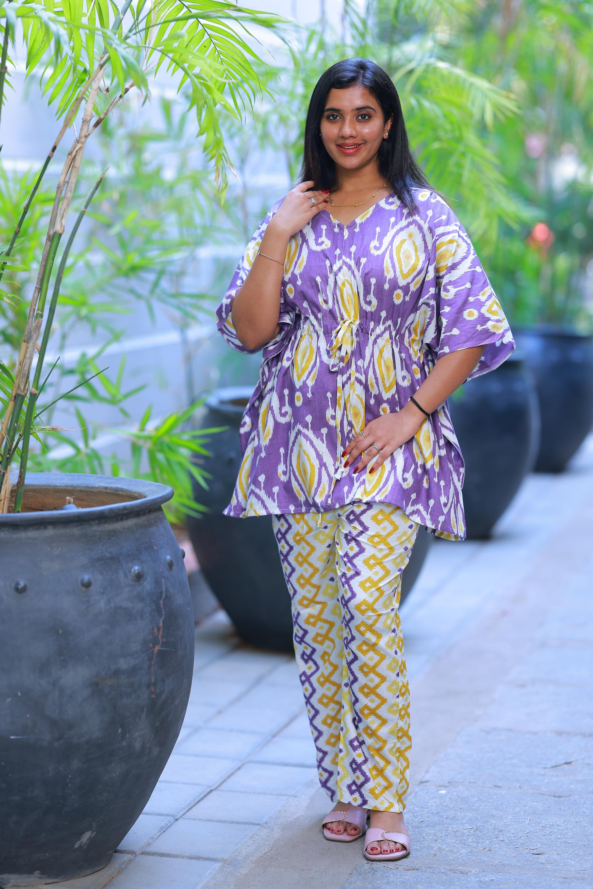 Pretty Jaipur cotton kaftan with pyjamas set ( 2 pcs set ) - AHA Nightwears