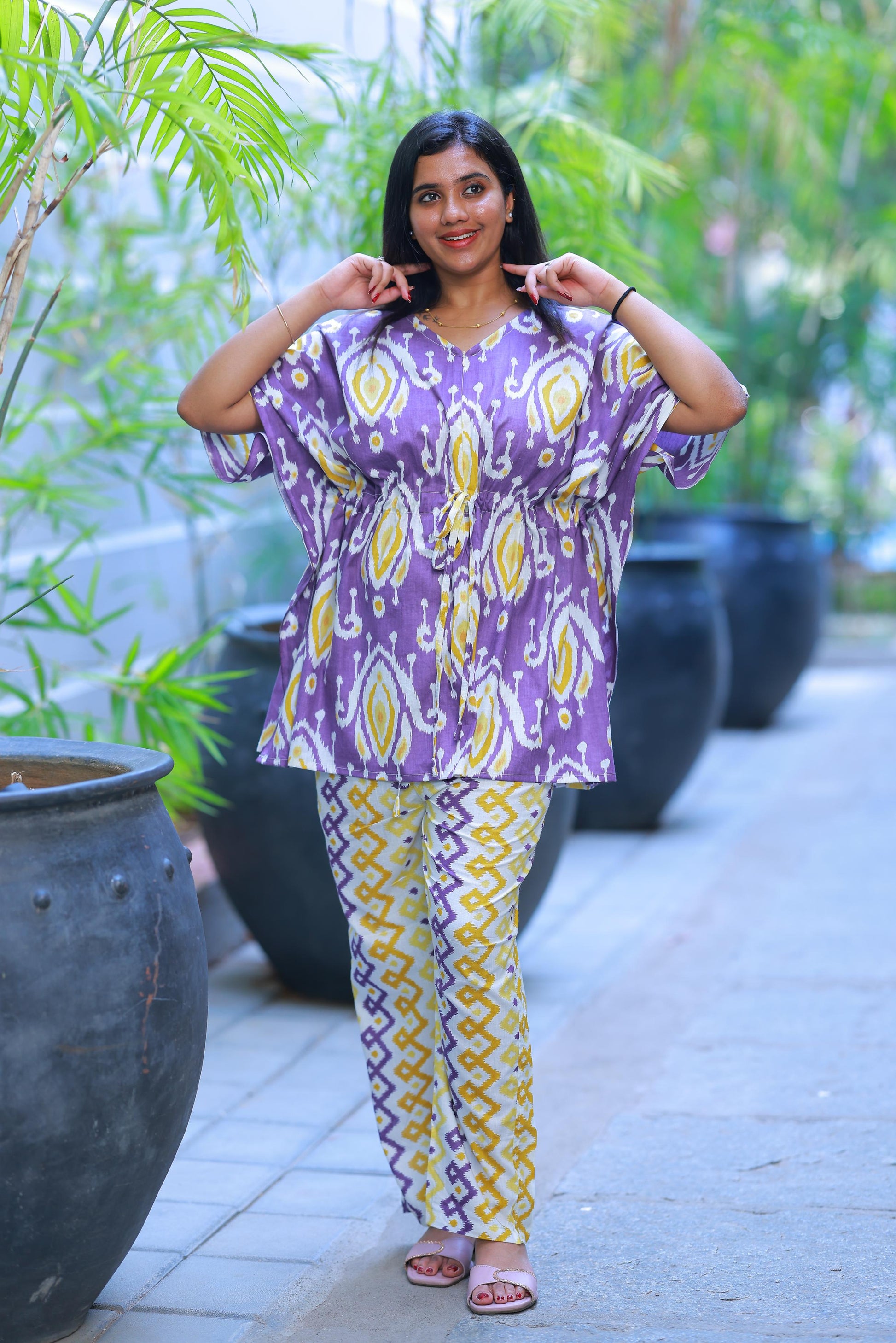 Pretty Jaipur cotton kaftan with pyjamas set ( 2 pcs set ) - AHA Nightwears
