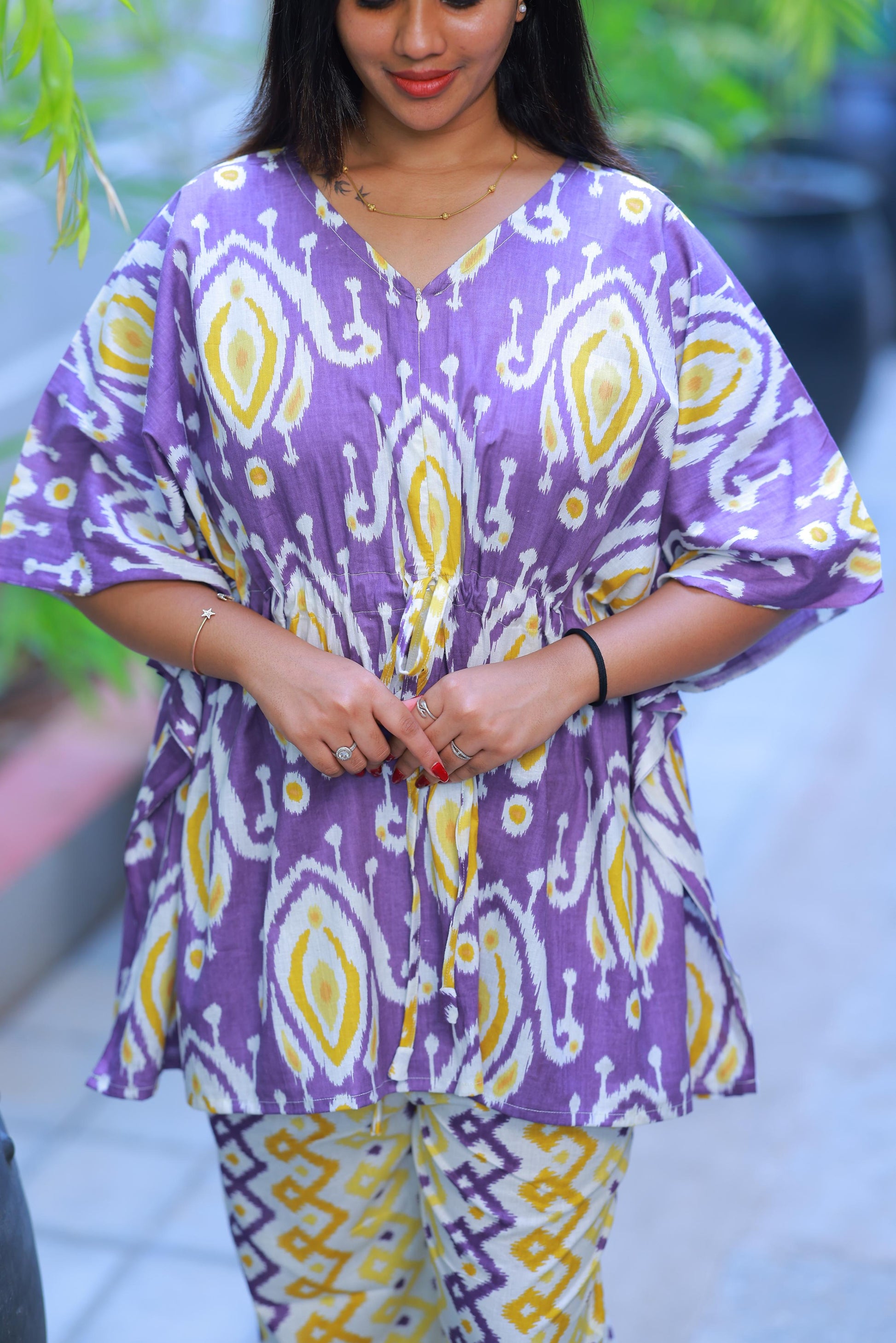 Pretty Jaipur cotton kaftan with pyjamas set ( 2 pcs set ) - AHA Nightwears