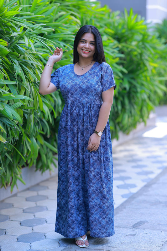 Dark Blue With Light Blue Floral Design Without zip  Frock