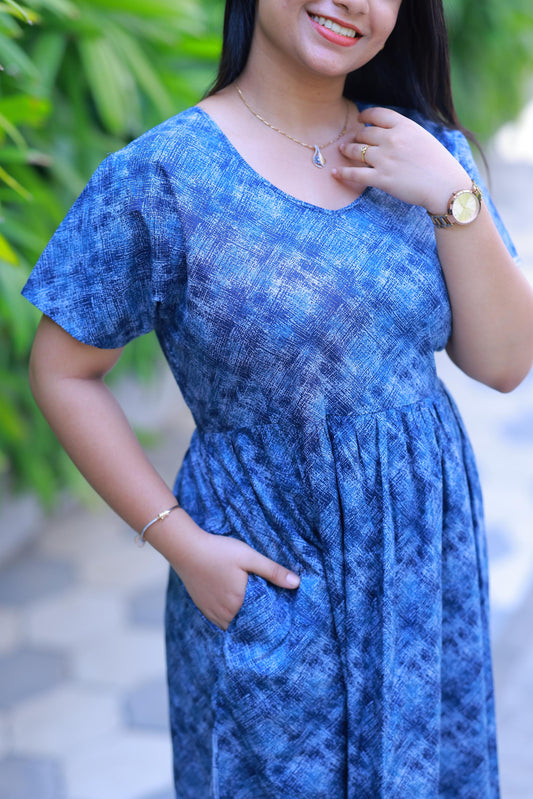 Dark Blue With Light Blue Floral Design Without zip  Frock