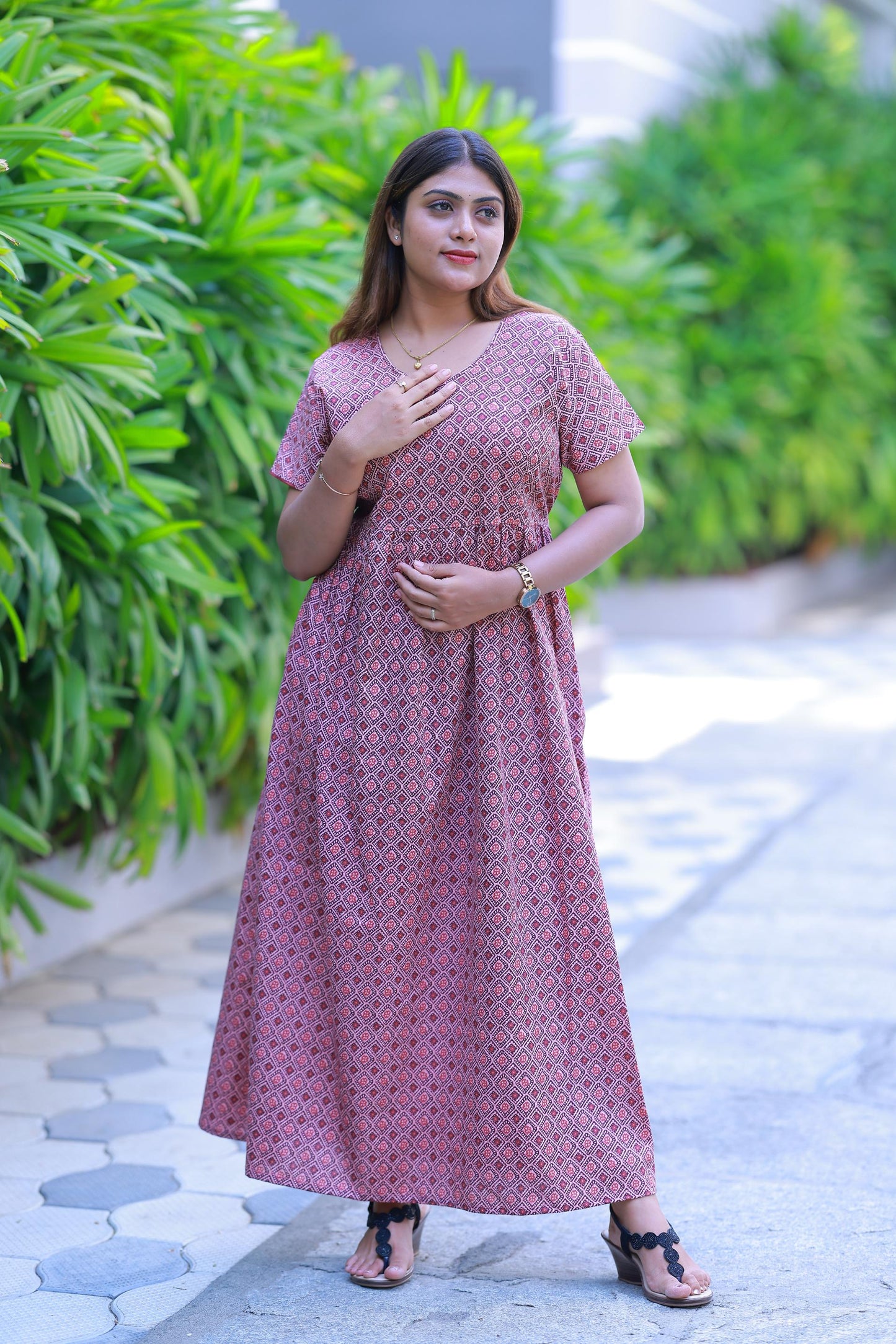 Maroon With Light Pink Daimont Parten Without zip Frock - AHA Nightwears