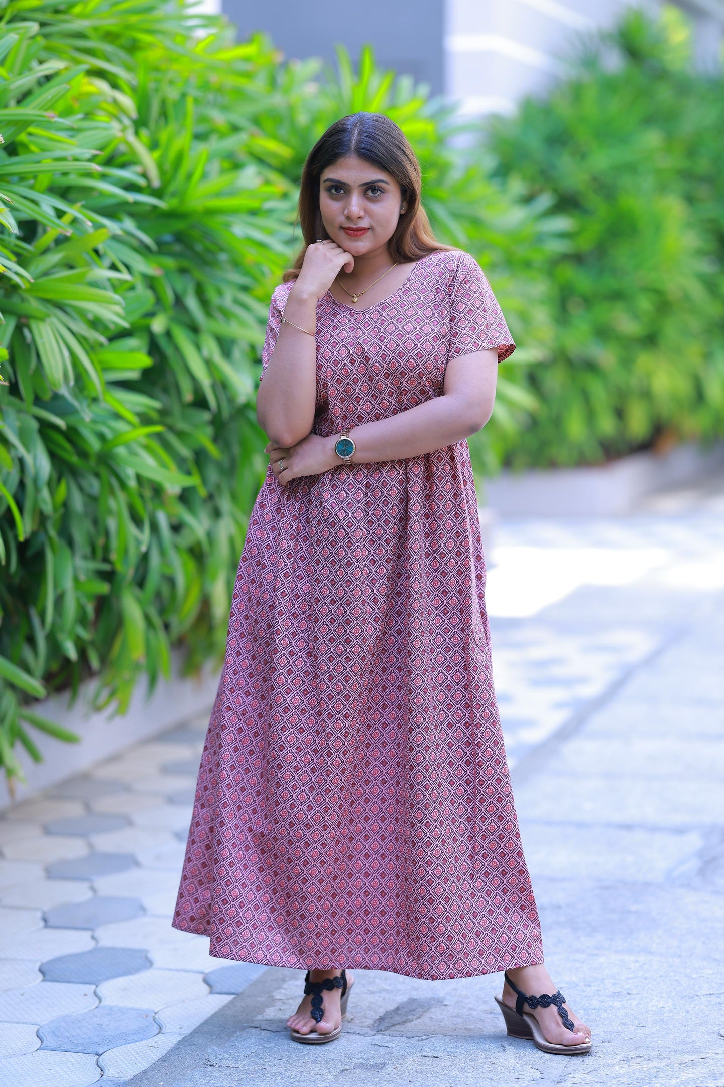Maroon With Light Pink Daimont Parten Without zip Frock - AHA Nightwears