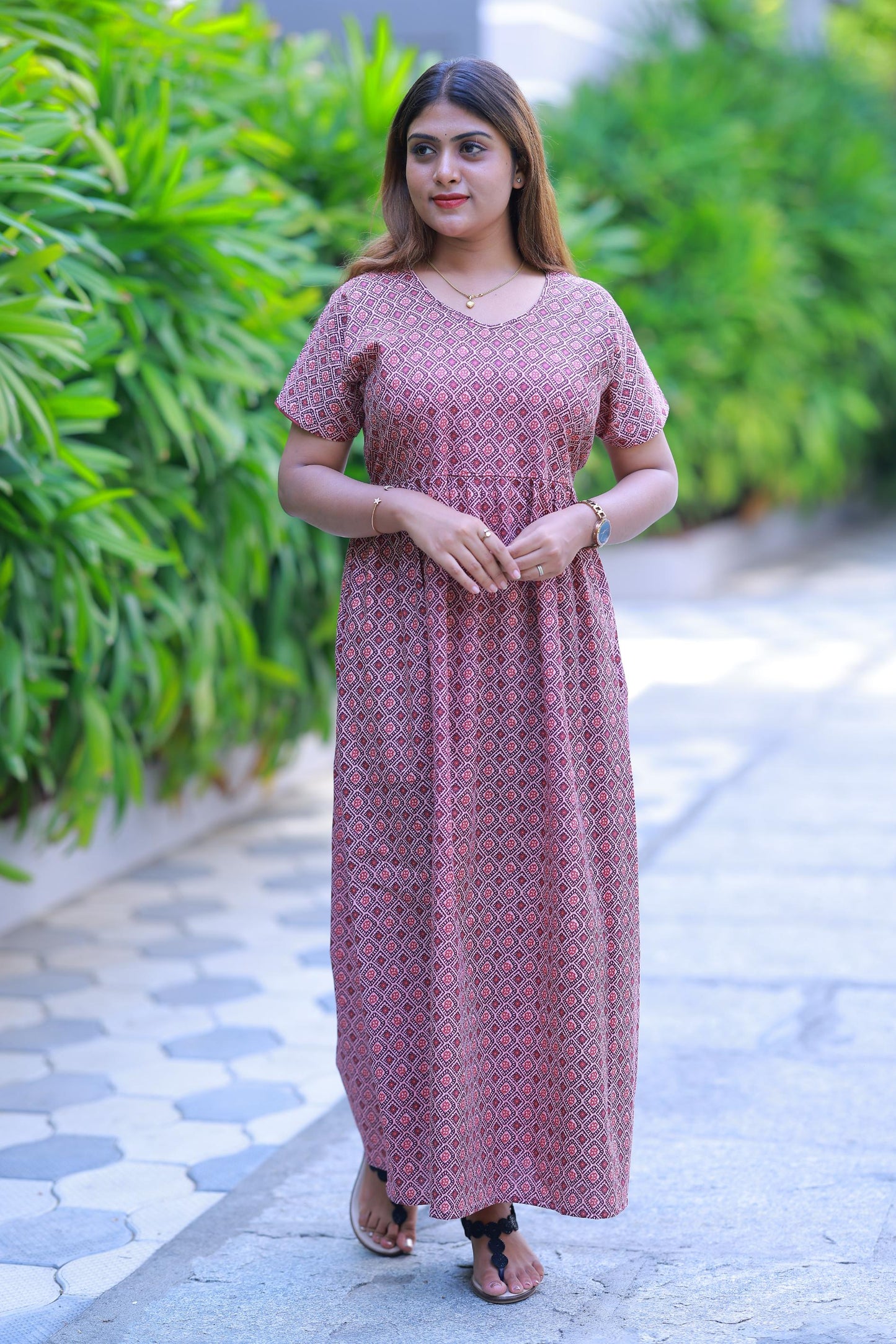 Maroon With Light Pink Daimont Parten Without zip Frock - AHA Nightwears