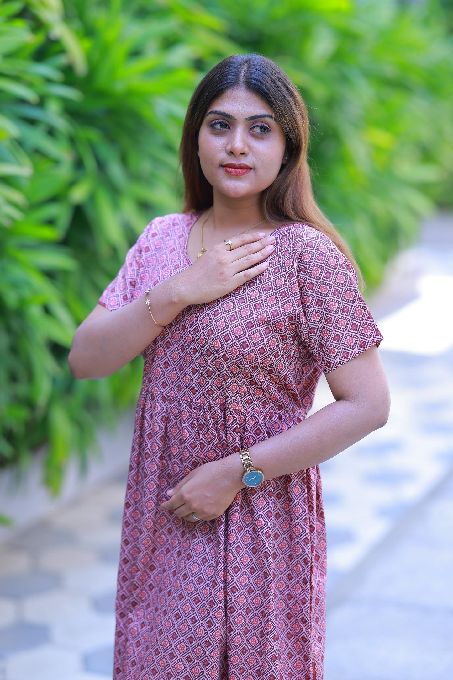 Maroon With Light Pink Daimont Parten Without zip Frock - AHA Nightwears