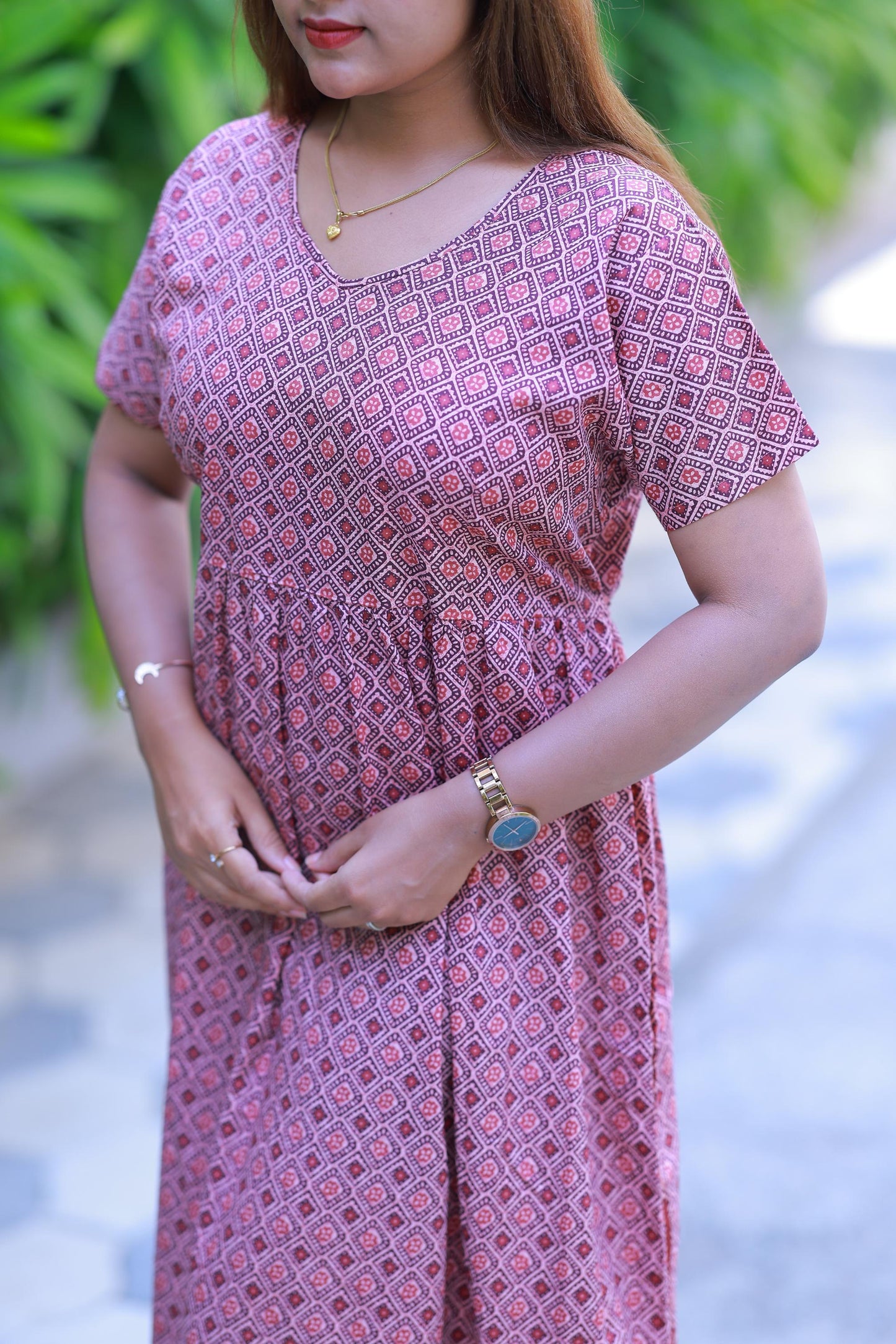 Maroon With Light Pink Daimont Parten Without zip Frock - AHA Nightwears