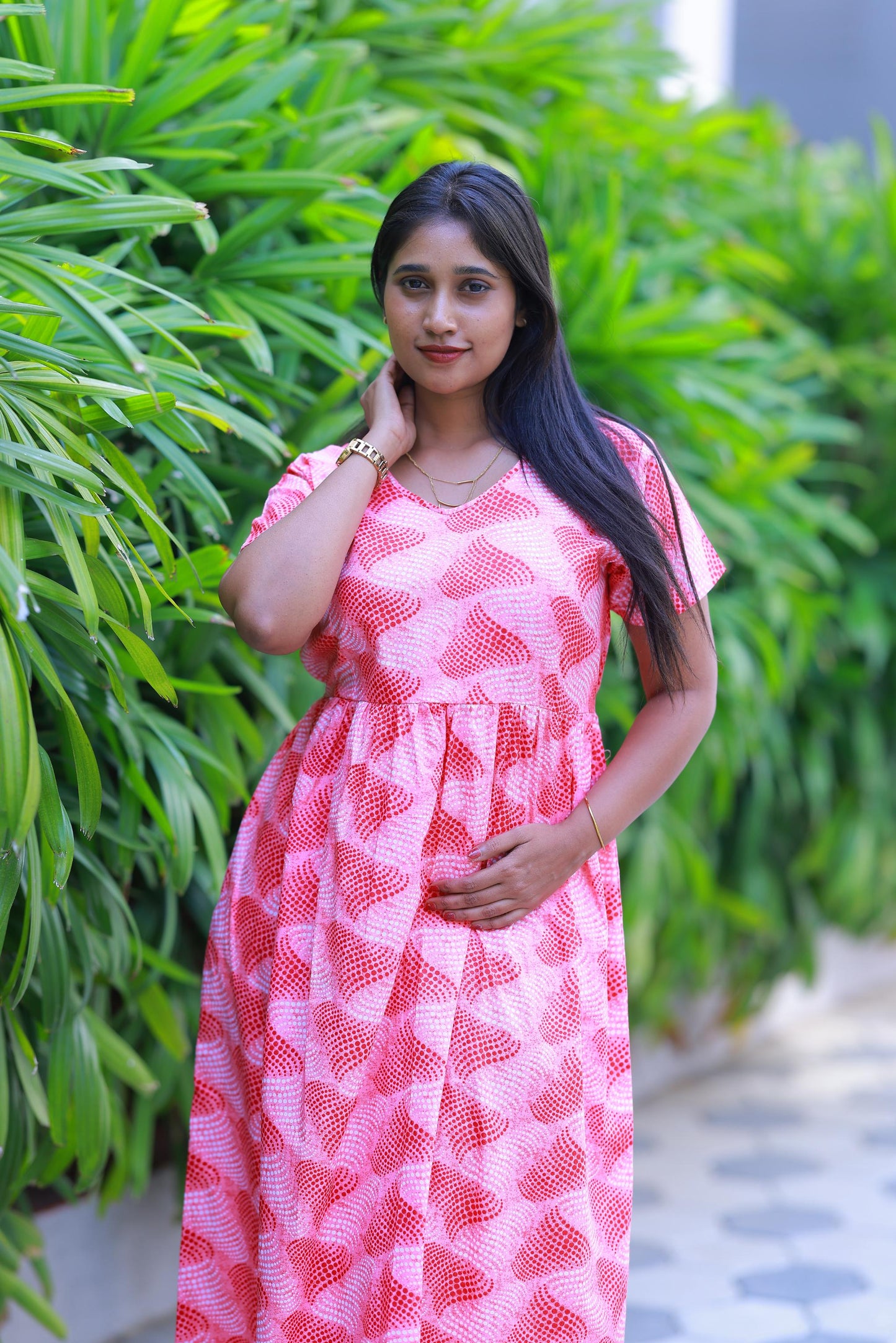 Pink With Rose Floral Design Without zip Frock