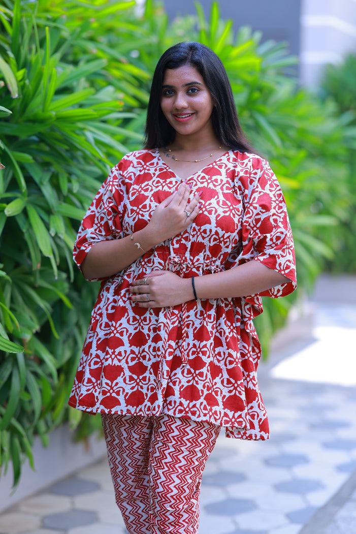 Dark Red With White Pretty Jaipur cotton kaftan with pyjamas set ( 2 pcs set ) - AHA Nightwears