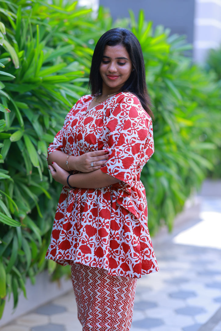 Dark Red With White Pretty Jaipur cotton kaftan with pyjamas set ( 2 pcs set ) - AHA Nightwears