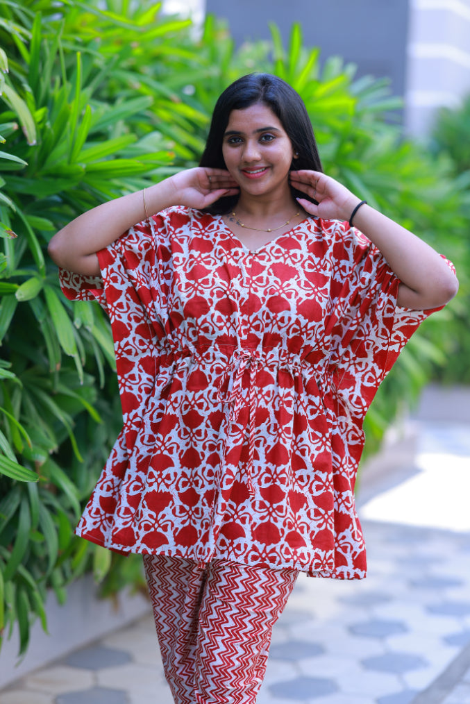 Dark Red With White Pretty Jaipur cotton kaftan with pyjamas set ( 2 pcs set ) - AHA Nightwears