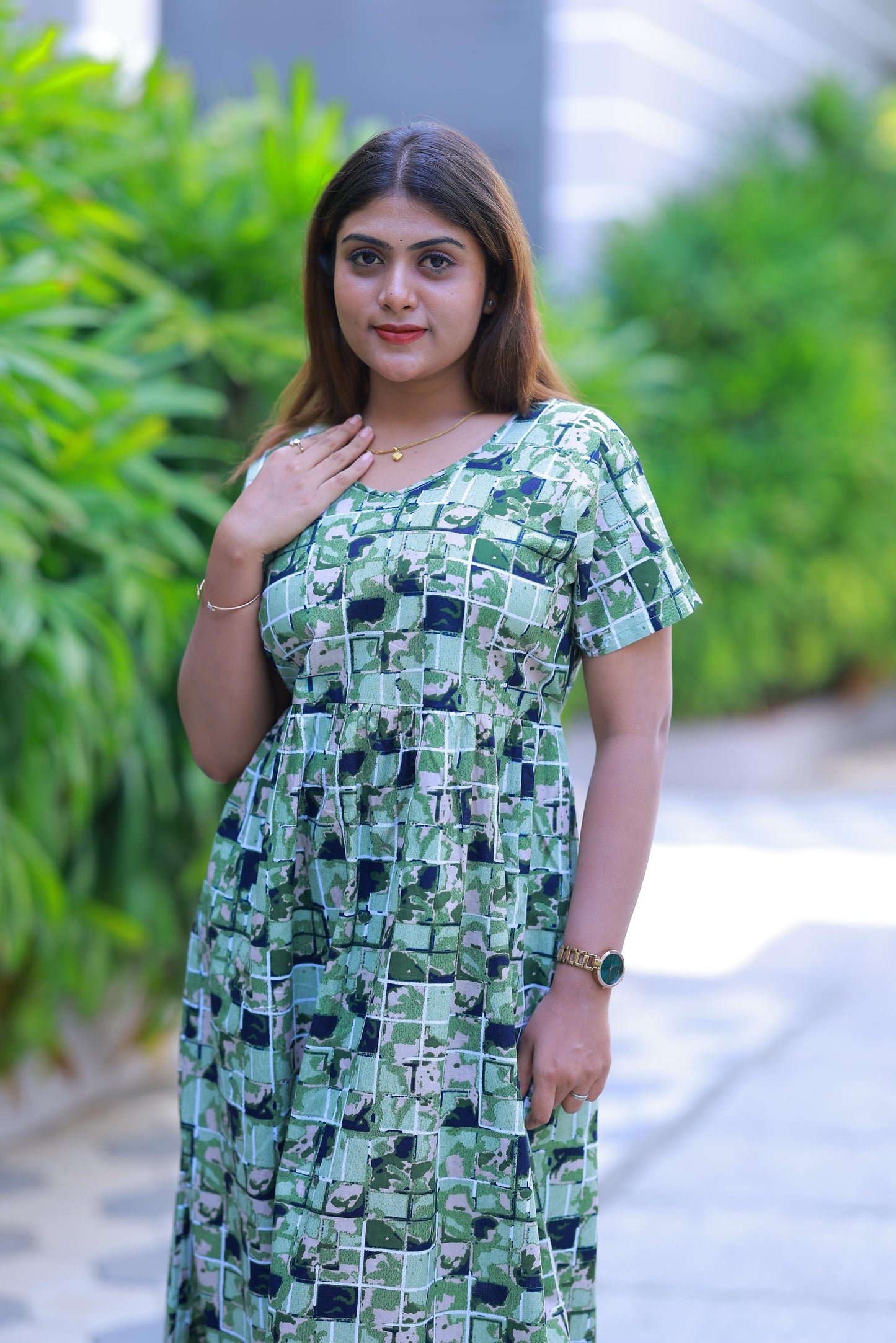 Green With Dark Blue Floral Design Without zip Frock