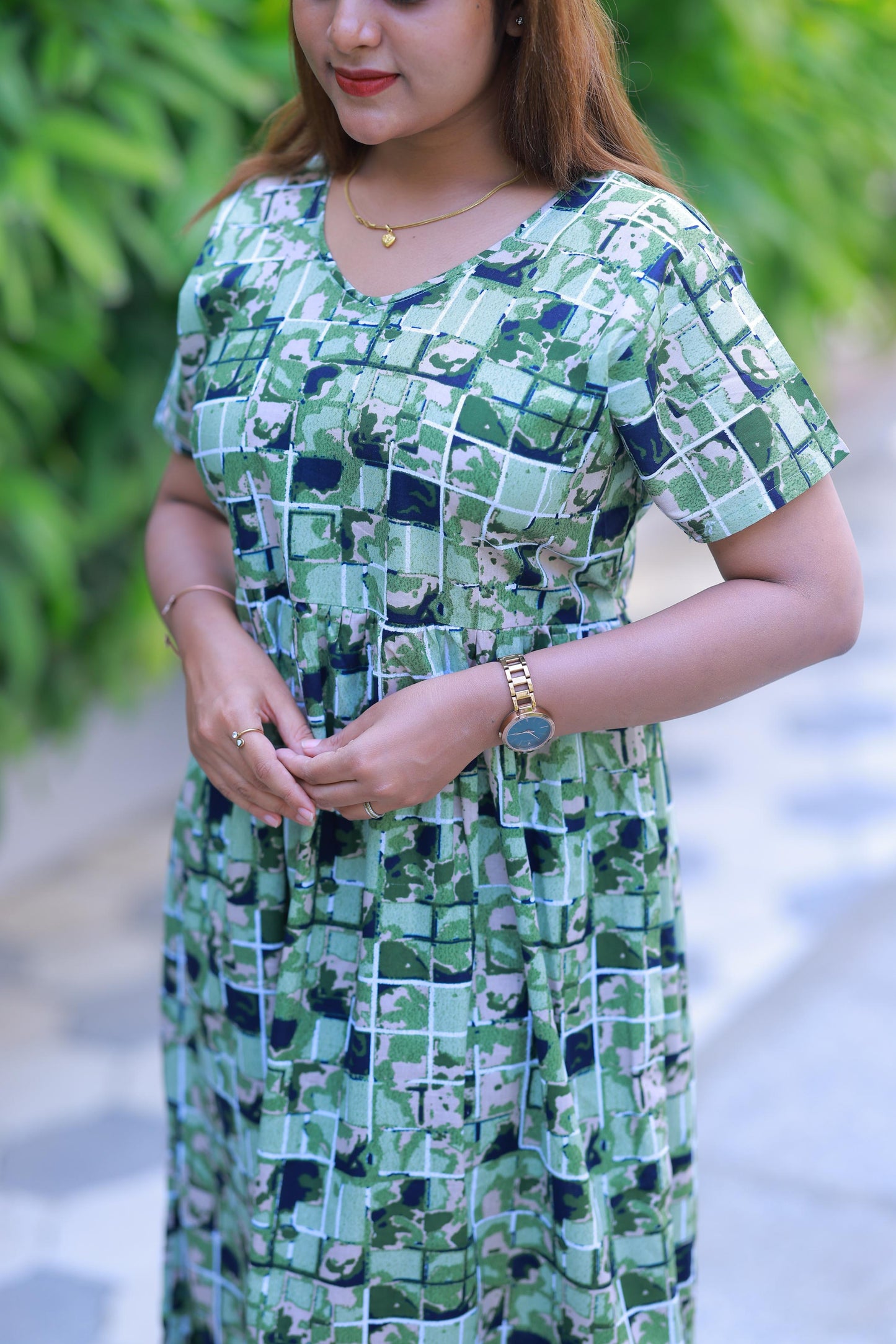 Green With Dark Blue Floral Design Without zip Frock