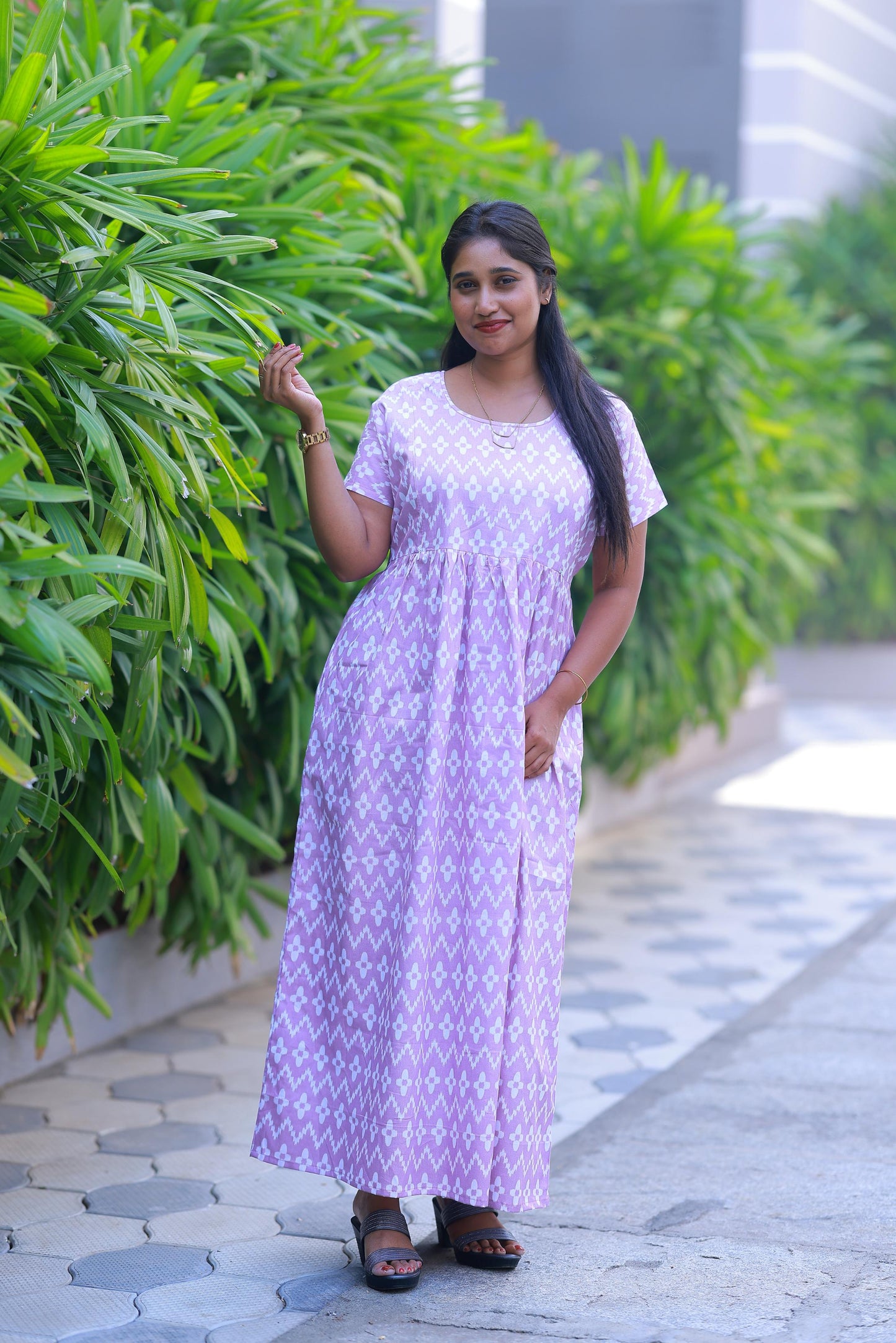 Light Voilet With White design with side zip Frock