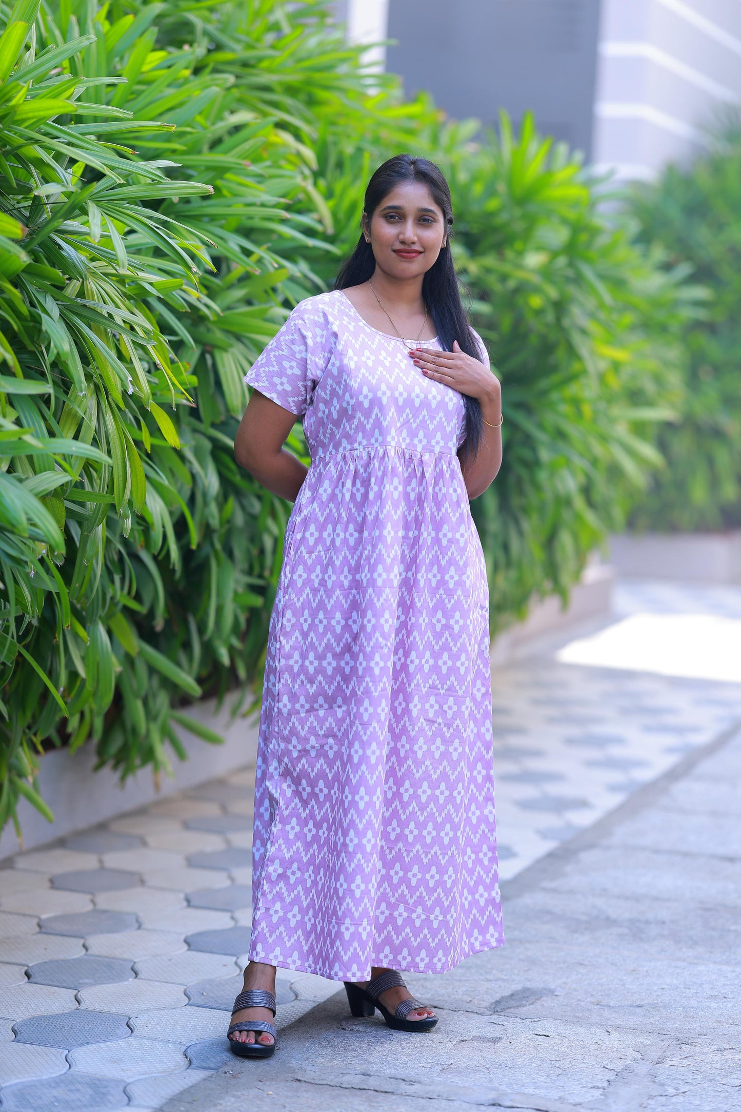 Light Voilet With White design with side zip Frock