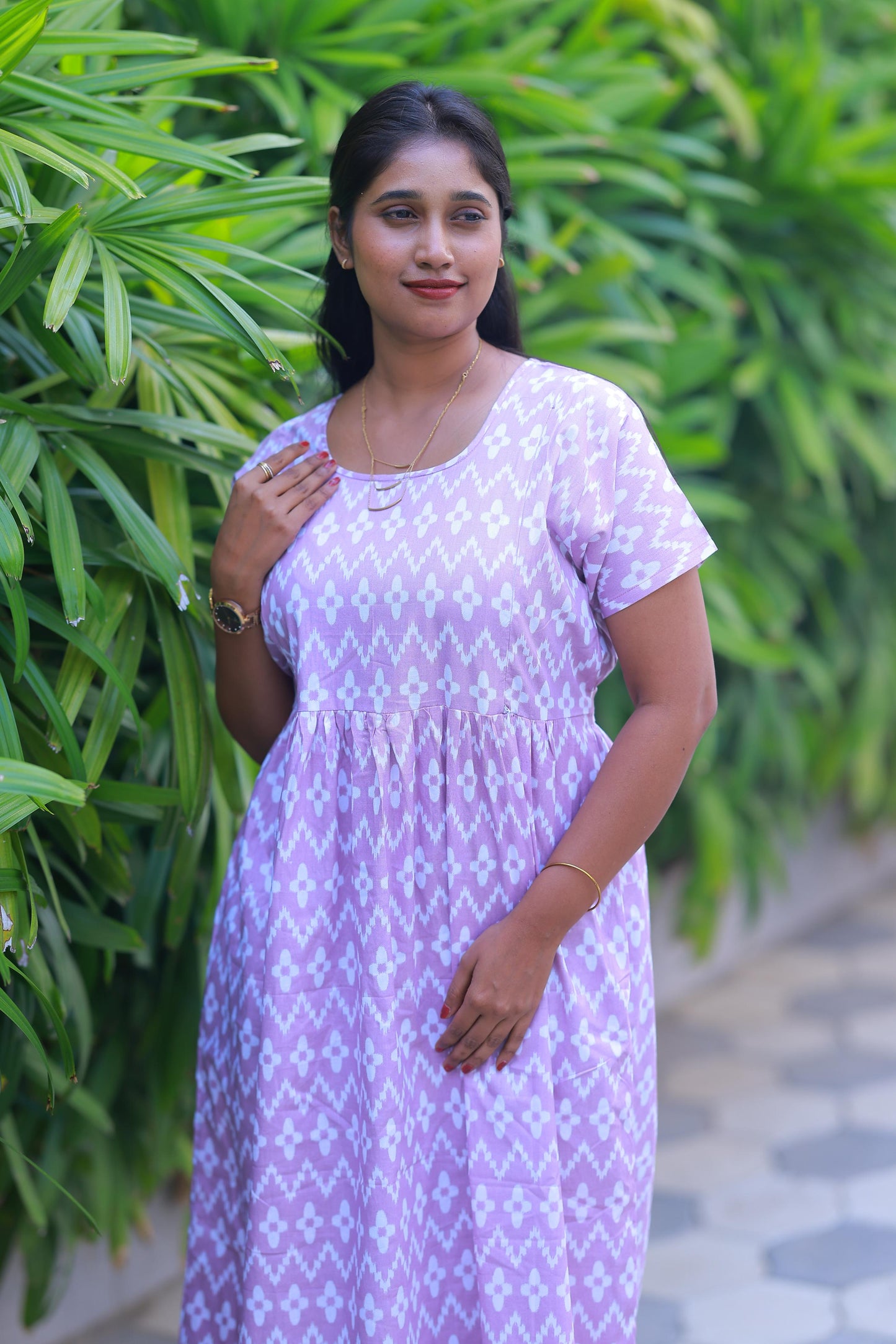 Light Voilet With White design with side zip Frock