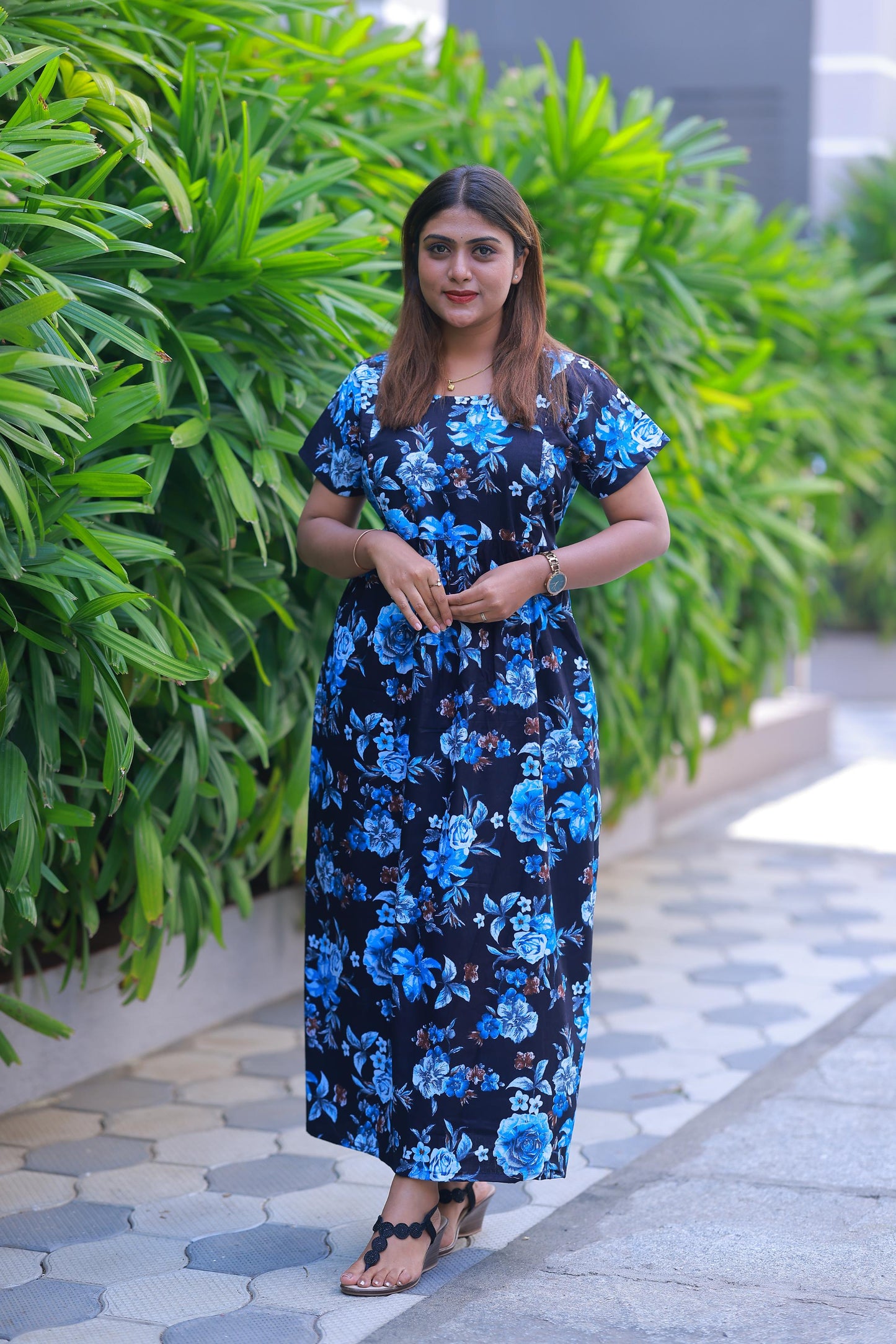 Navy With Blue Flower design with side zip Frock