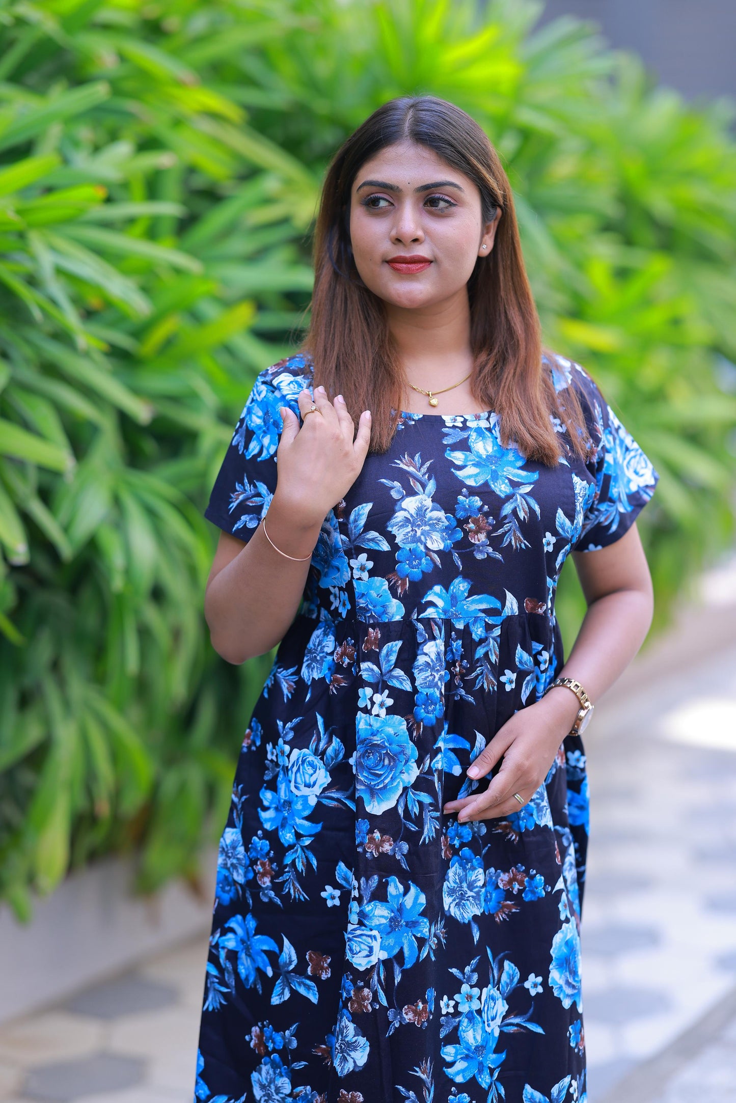 Navy With Blue Flower design with side zip Frock