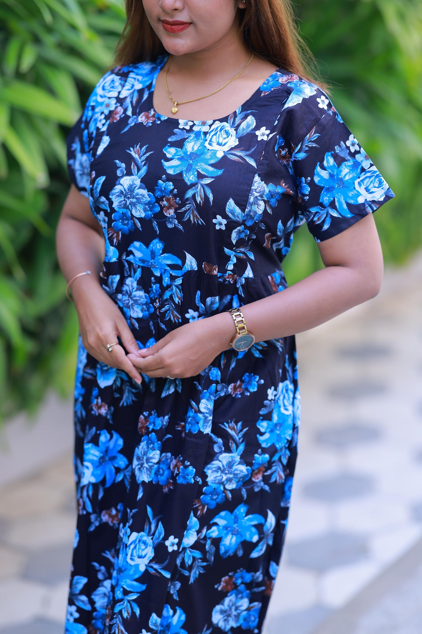 Navy With Blue Flower design with side zip Frock