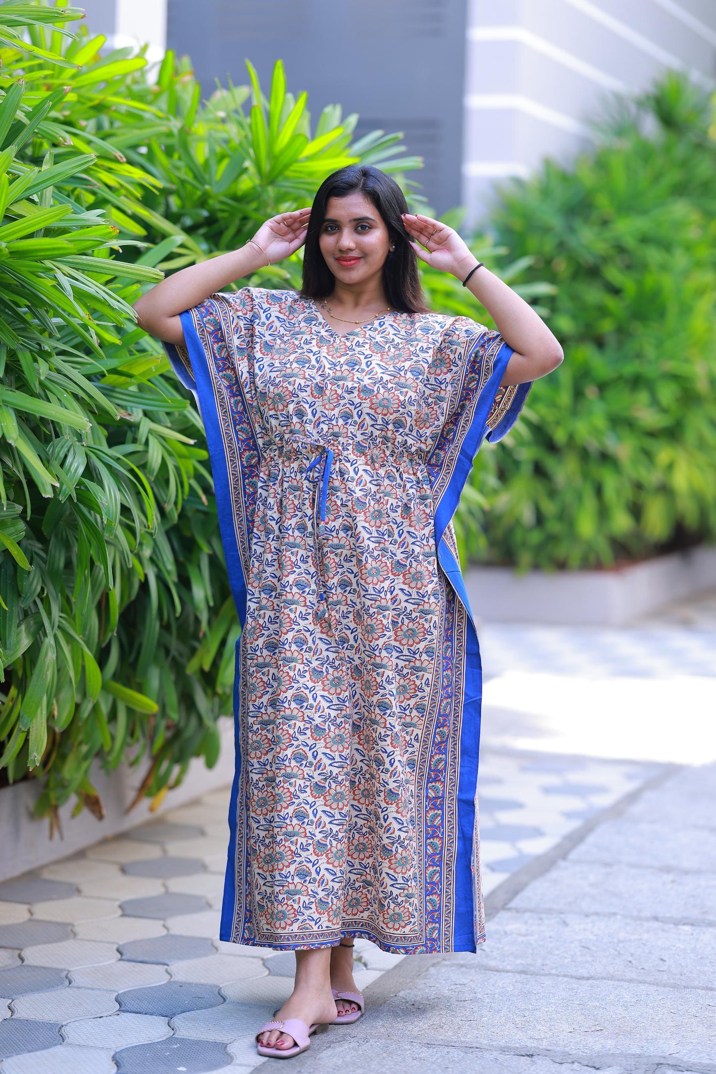 Light Sandal With Blue Flower Design kaftan center zip - AHA Nightwears