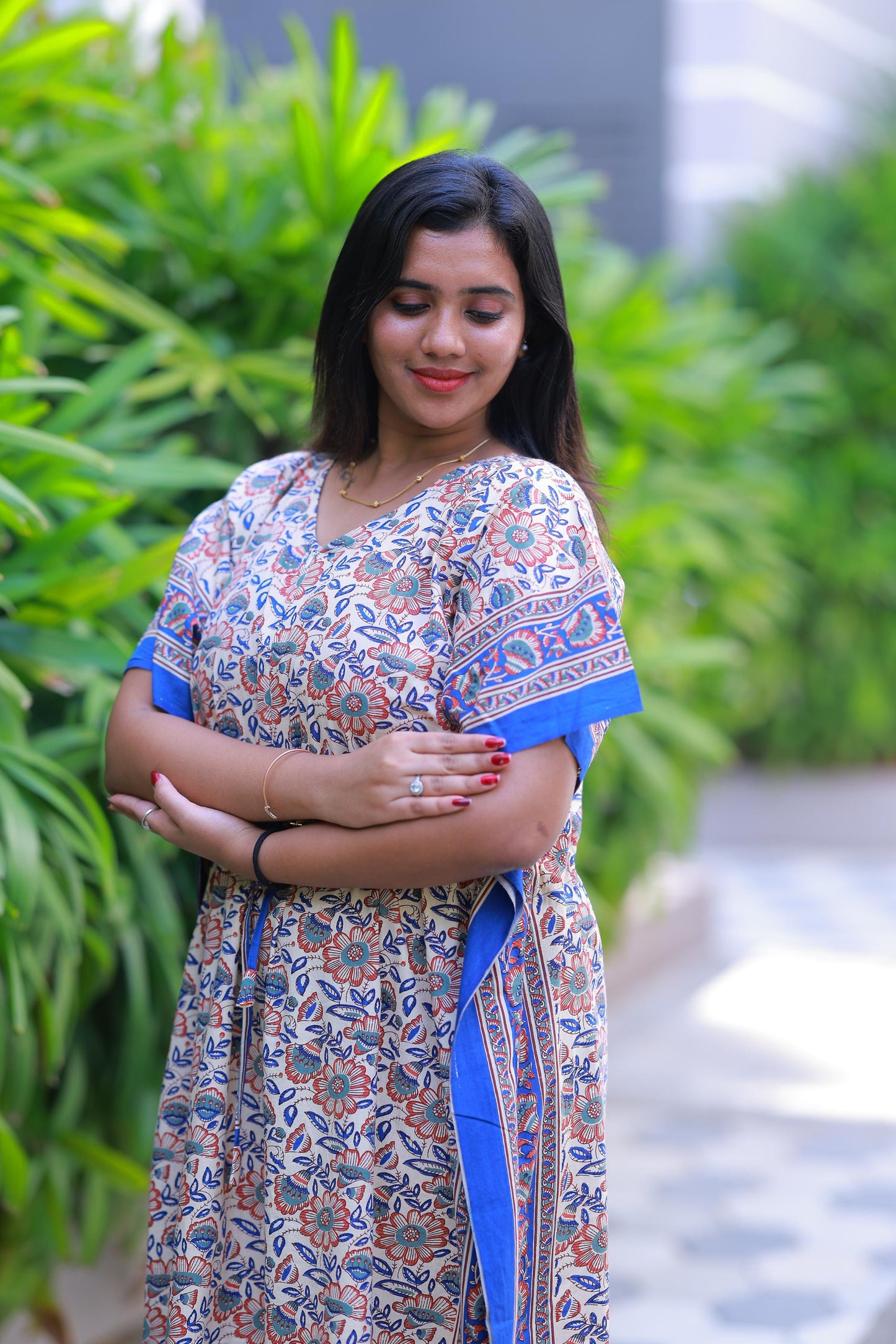 Light Sandal With Blue Flower Design kaftan center zip - AHA Nightwears