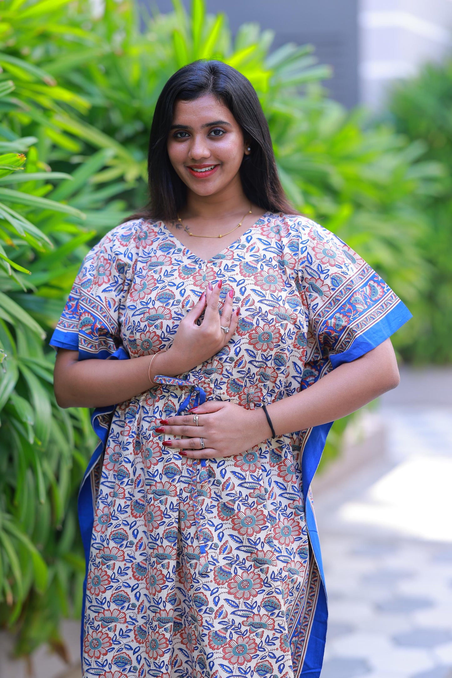 Light Sandal With Blue Flower Design kaftan center zip - AHA Nightwears