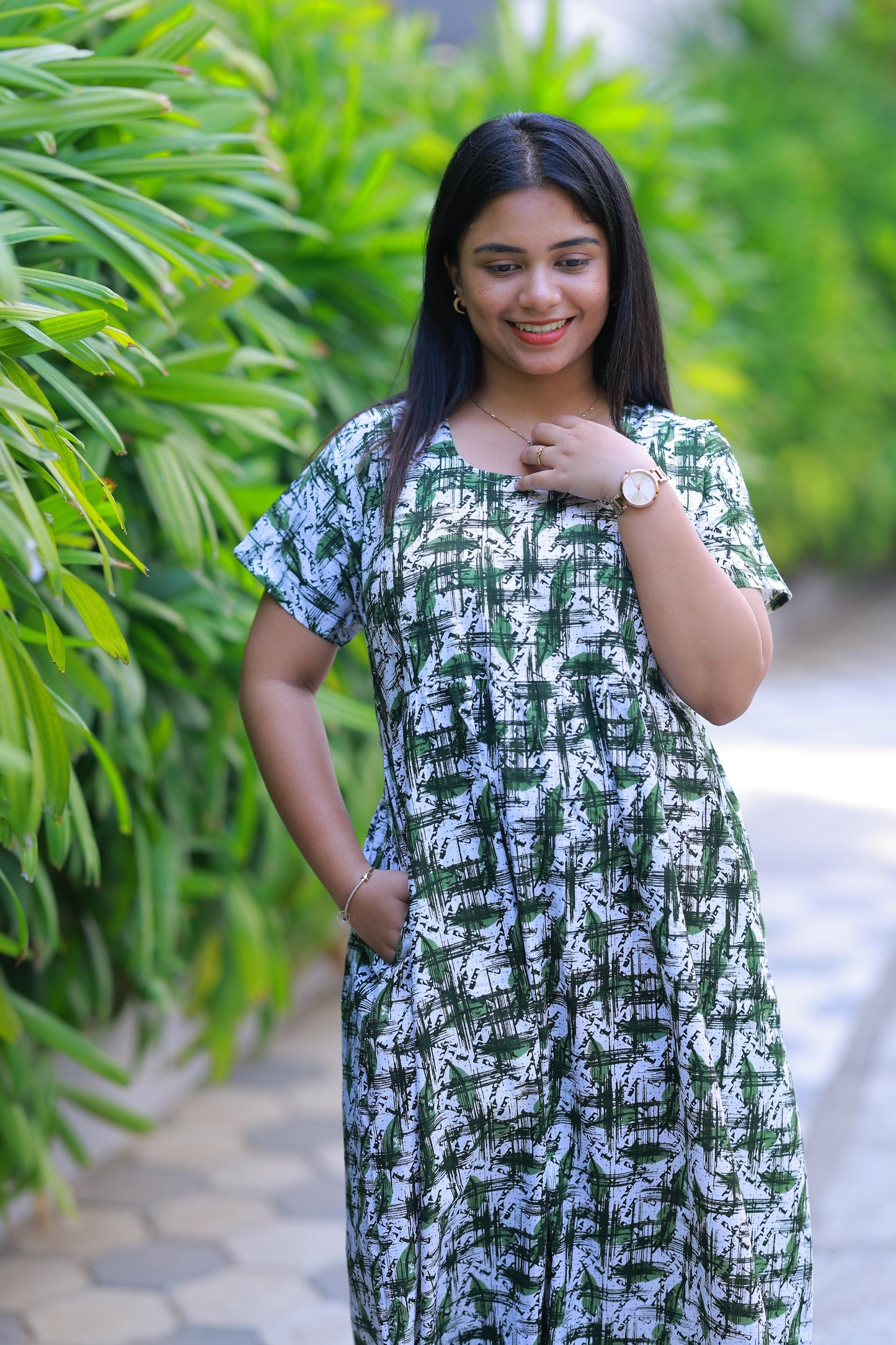 White With Dark Green design with side zip Frock