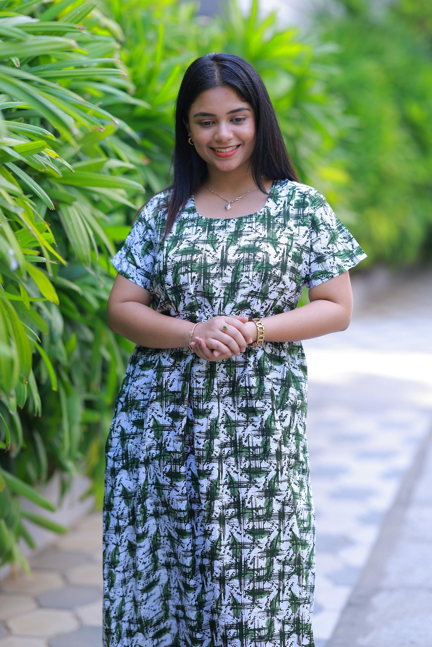 White With Dark Green design with side zip Frock
