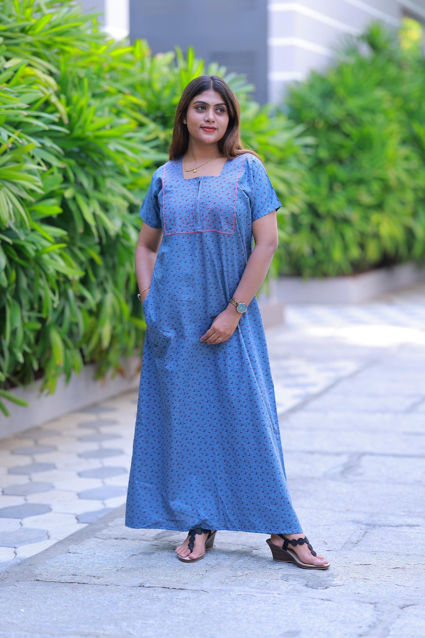 Dark Gray with Pink Flower design Zip Nighty - AHA Nightwears