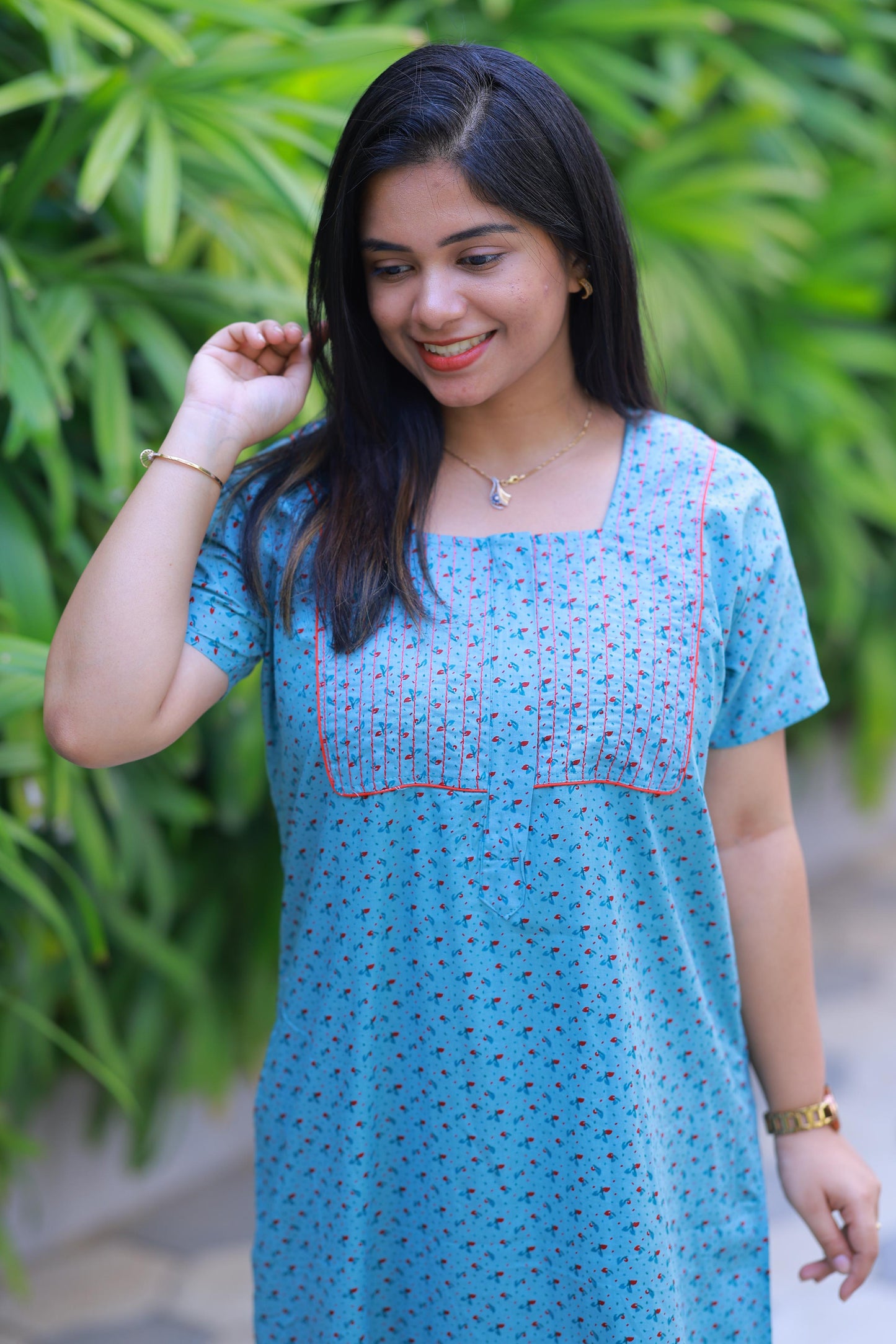 Light Green with Red Flower design Zip Nighty - AHA Nightwears