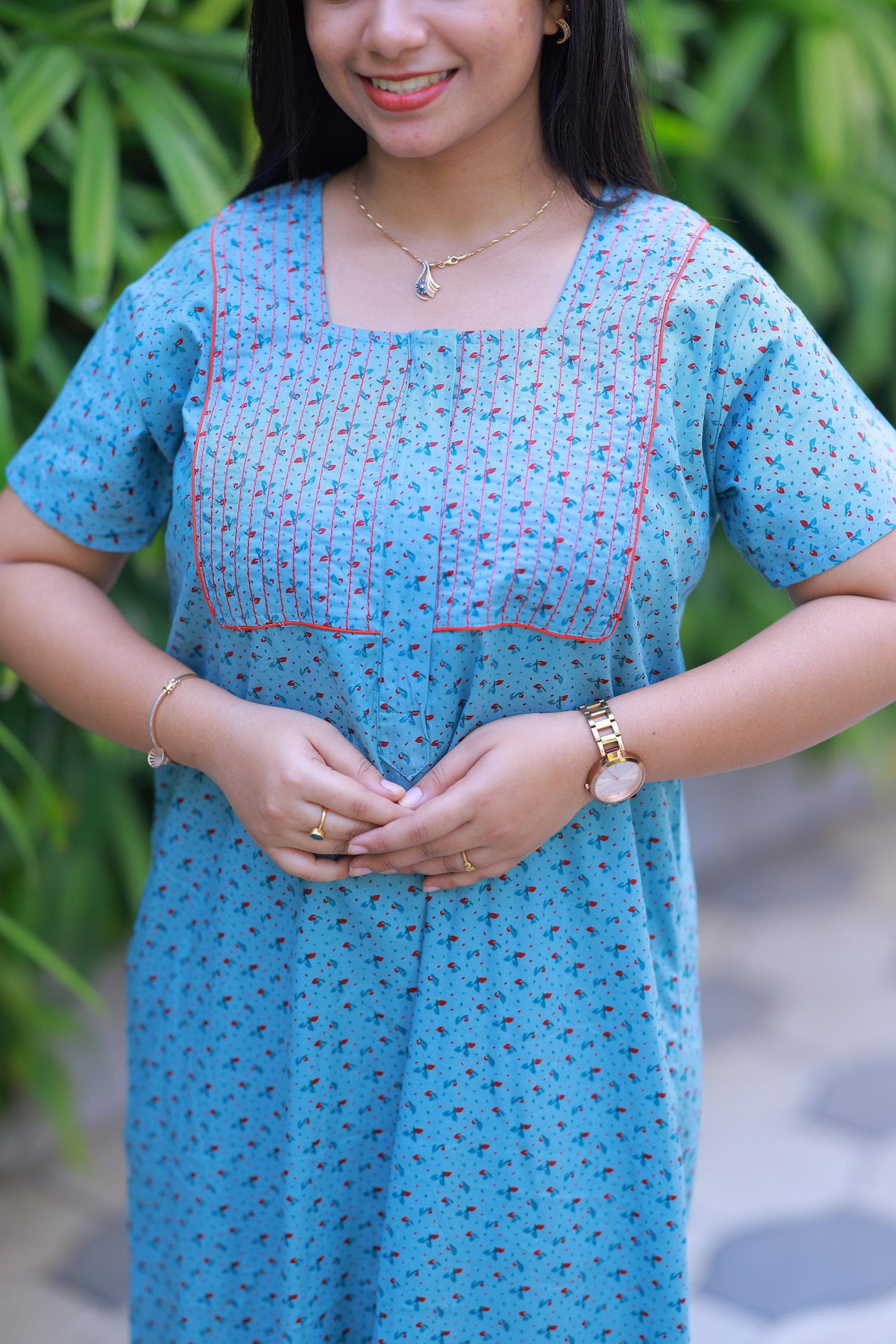 Light Blue with Red floral design zip Nighty