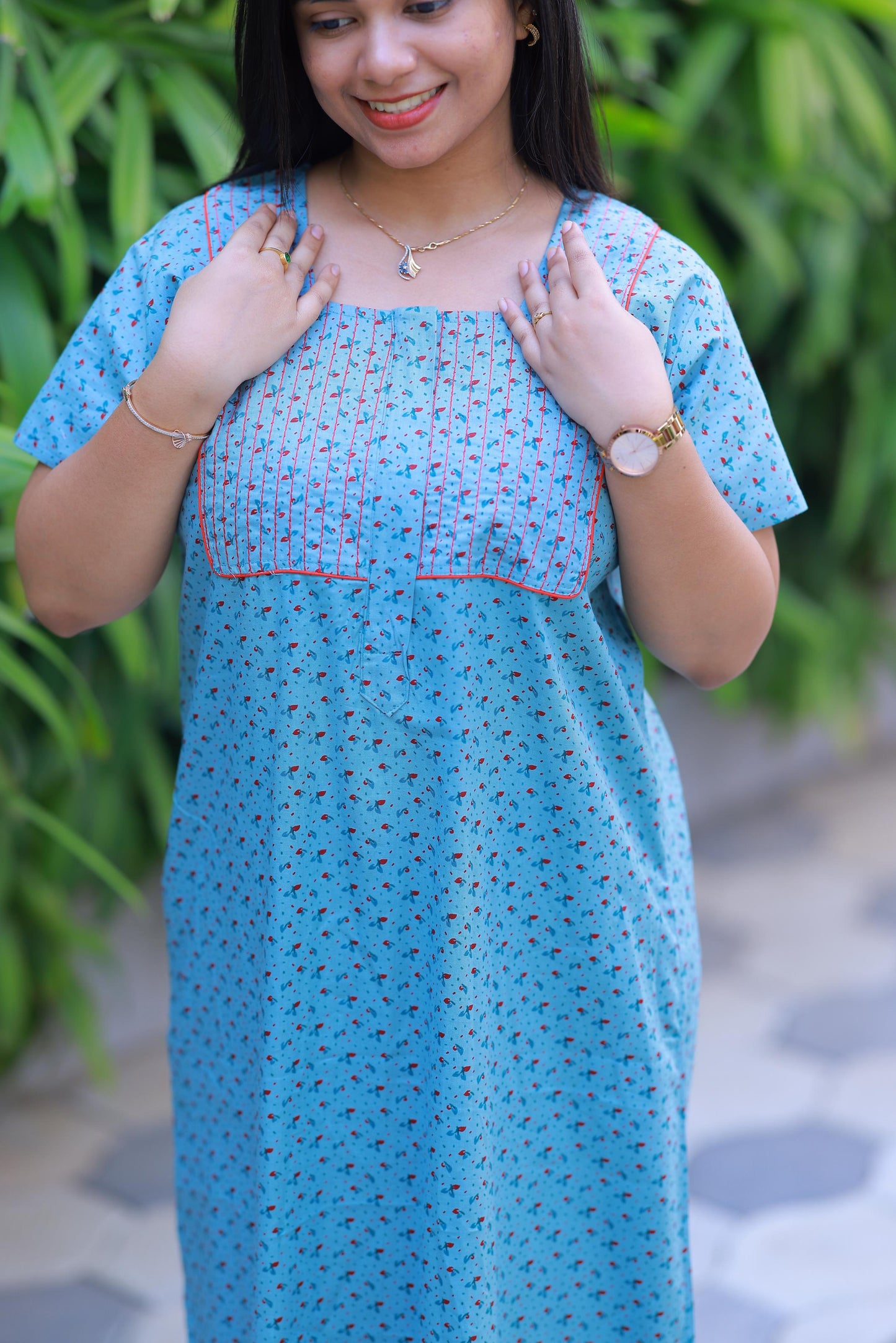 Light Green with Red Flower design Zip Nighty - AHA Nightwears