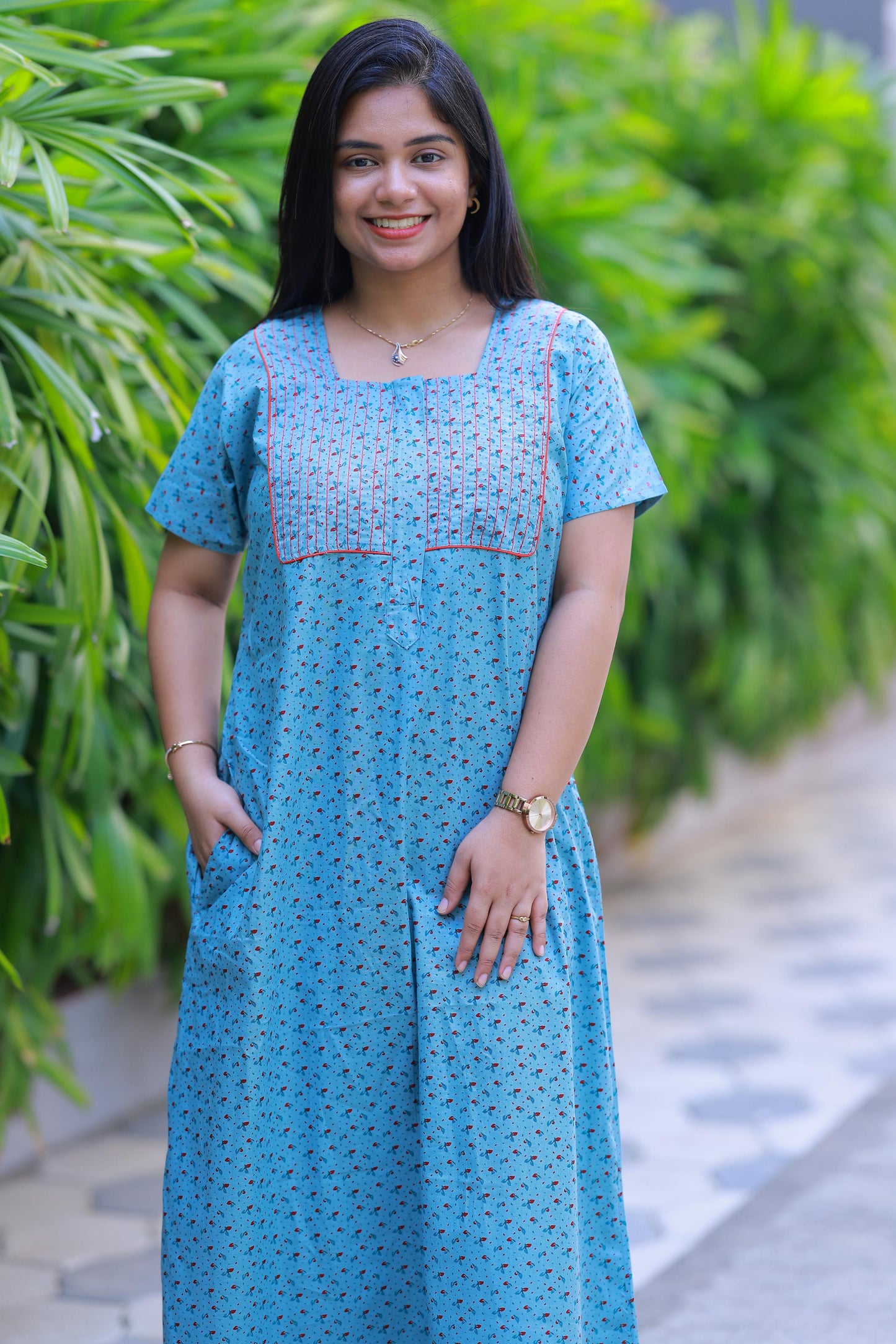 Light Blue with Red floral design zip Nighty