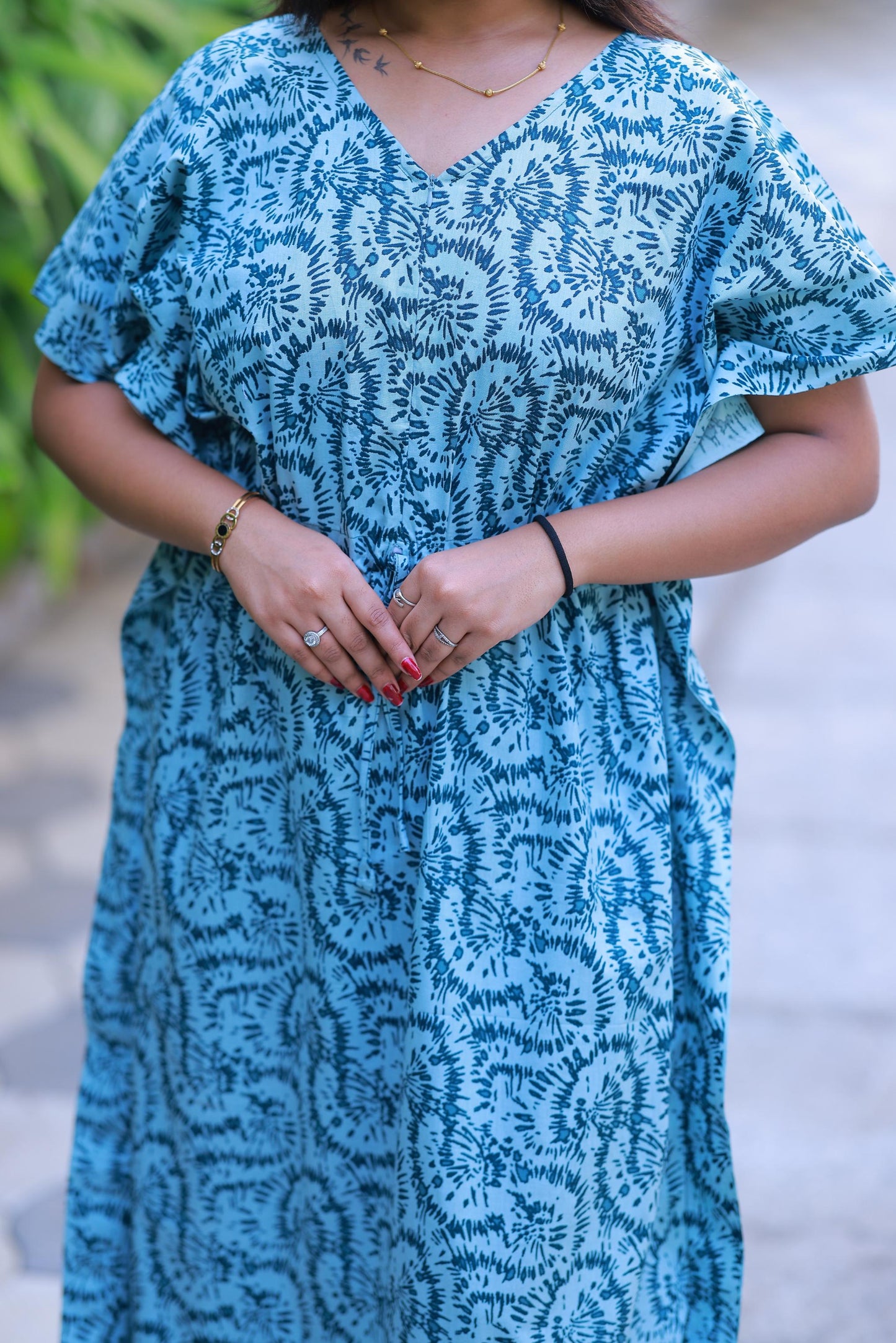 Light Green With Blue casual cotton kaftan with center zip