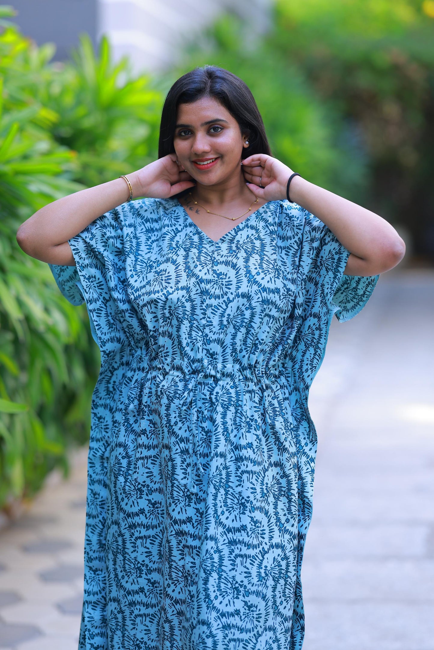 Light Green With Blue casual cotton kaftan with center zip